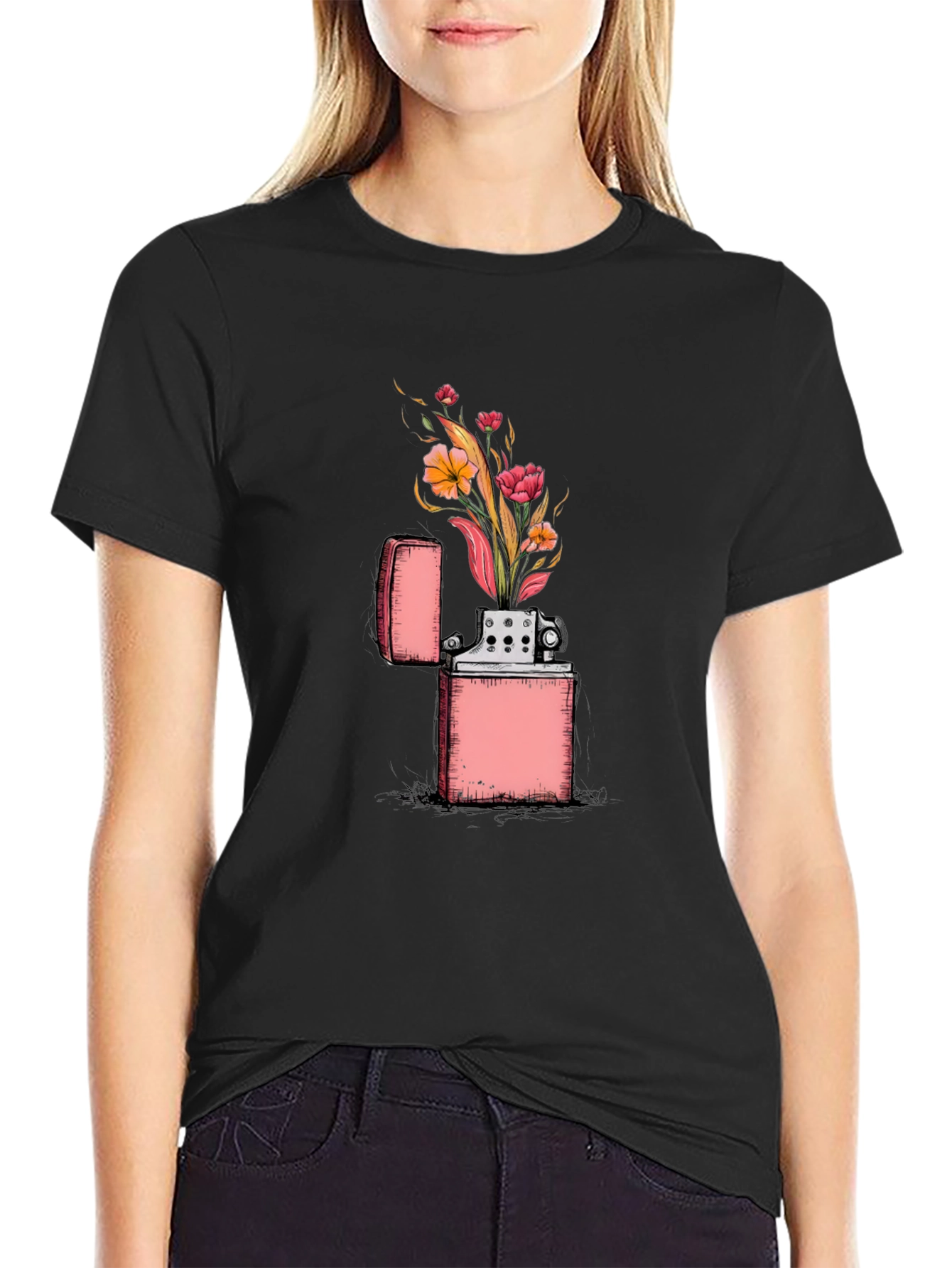 Floral Zippo Graphic Tee - Unique Lighter Design