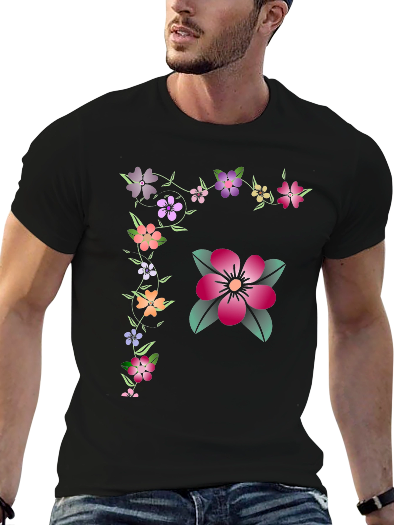 Floral Graphic Tee - Stylish Mens Black T-Shirt