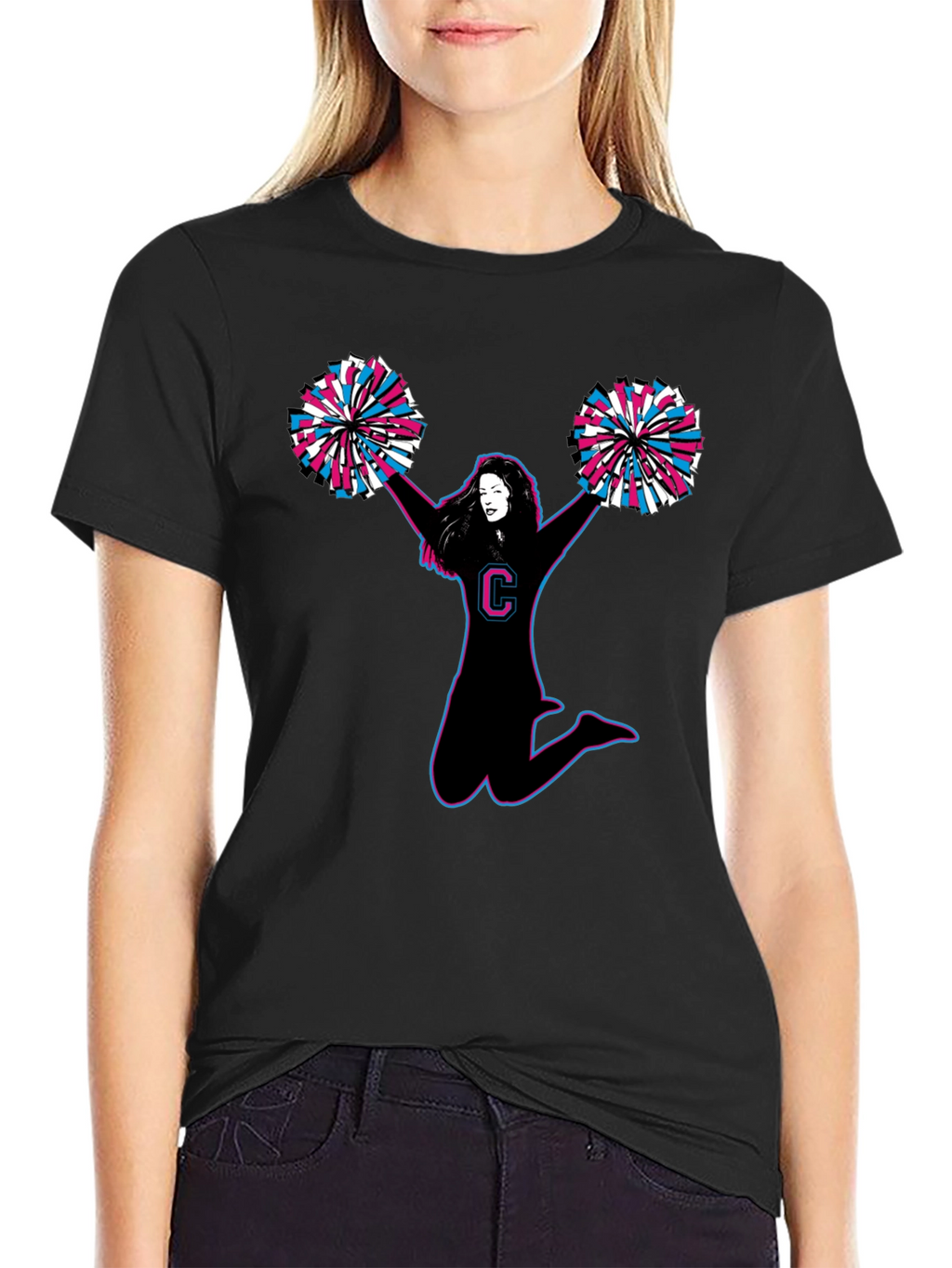 Cheerleader Graphic Tee - Black Cotton T-Shirt
