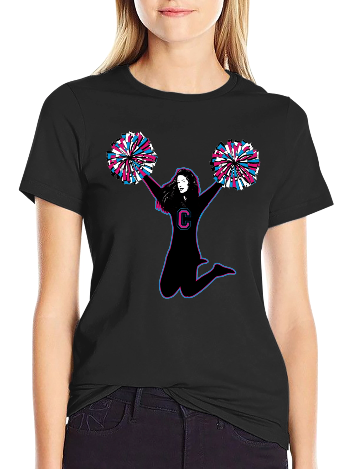 Cheerleader Graphic Tee - Black Cotton T-Shirt