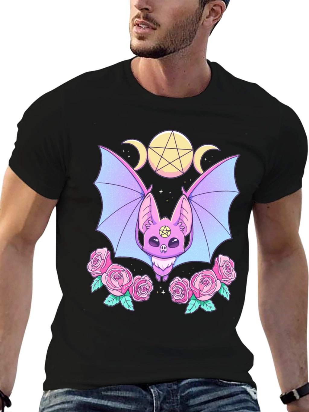 Pastel Goth Bat & Roses Graphic Tee