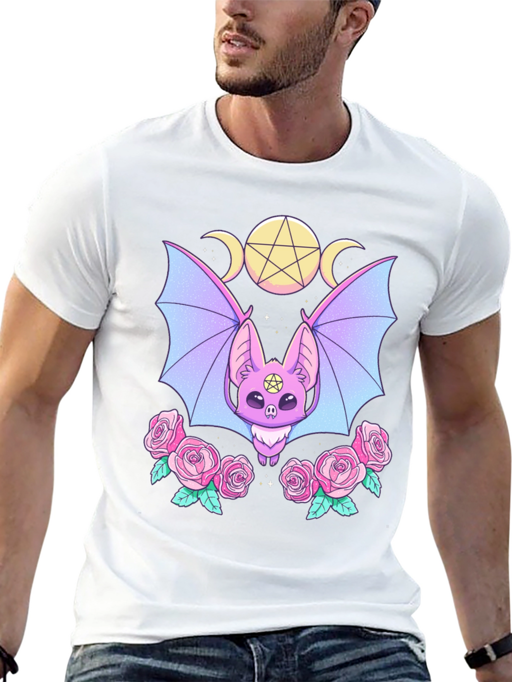 Pastel Goth Bat & Roses Graphic Tee