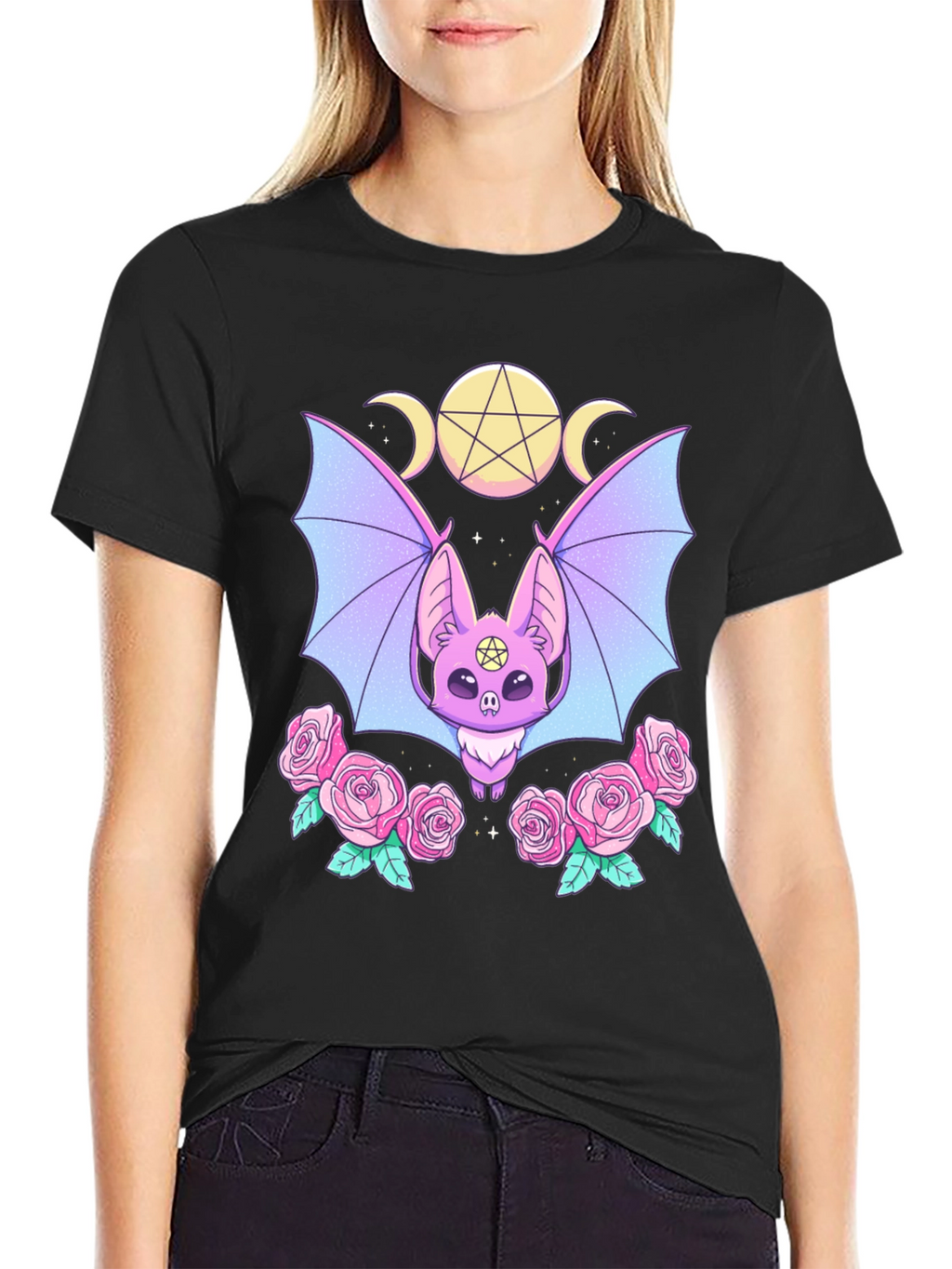 Pastel Goth Bat & Roses Graphic Tee
