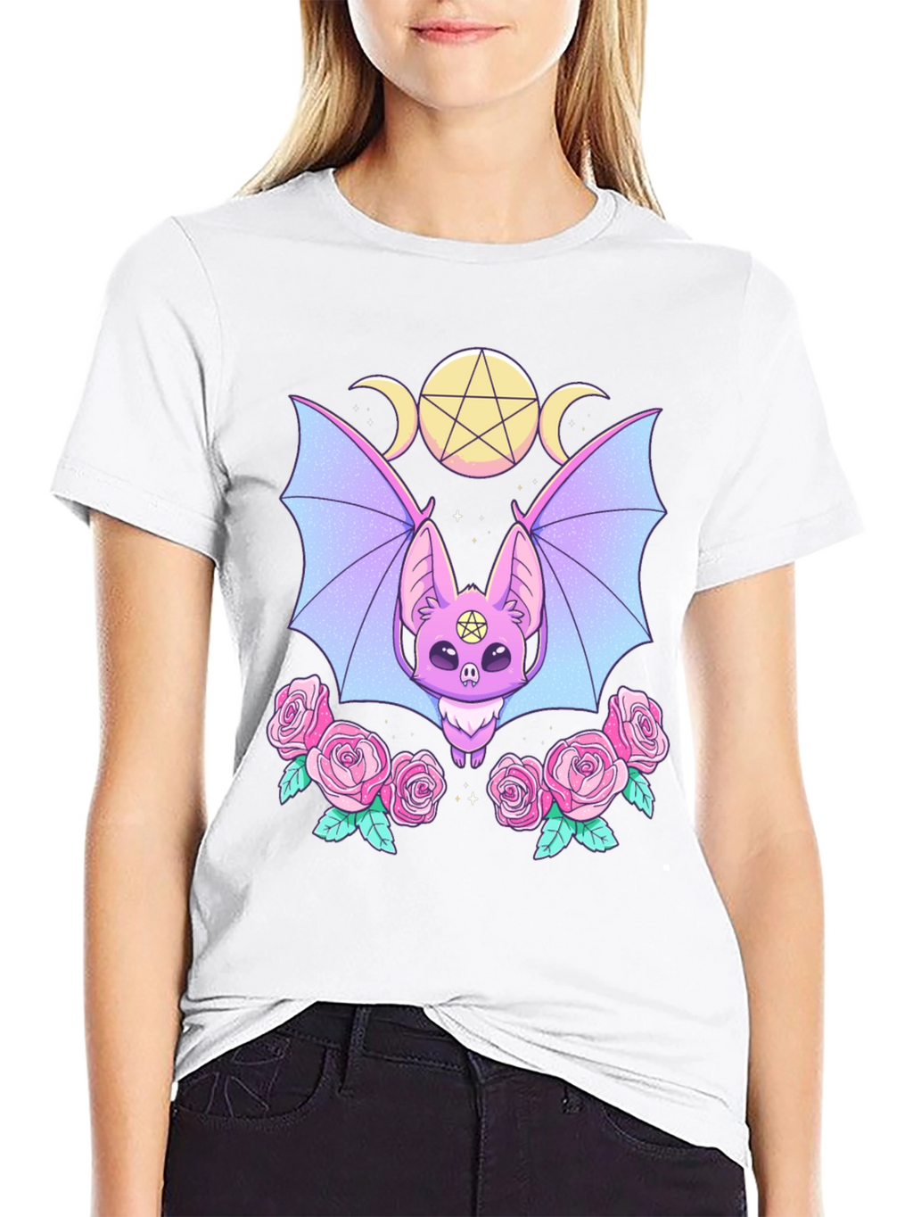Pastel Goth Bat & Roses Graphic Tee