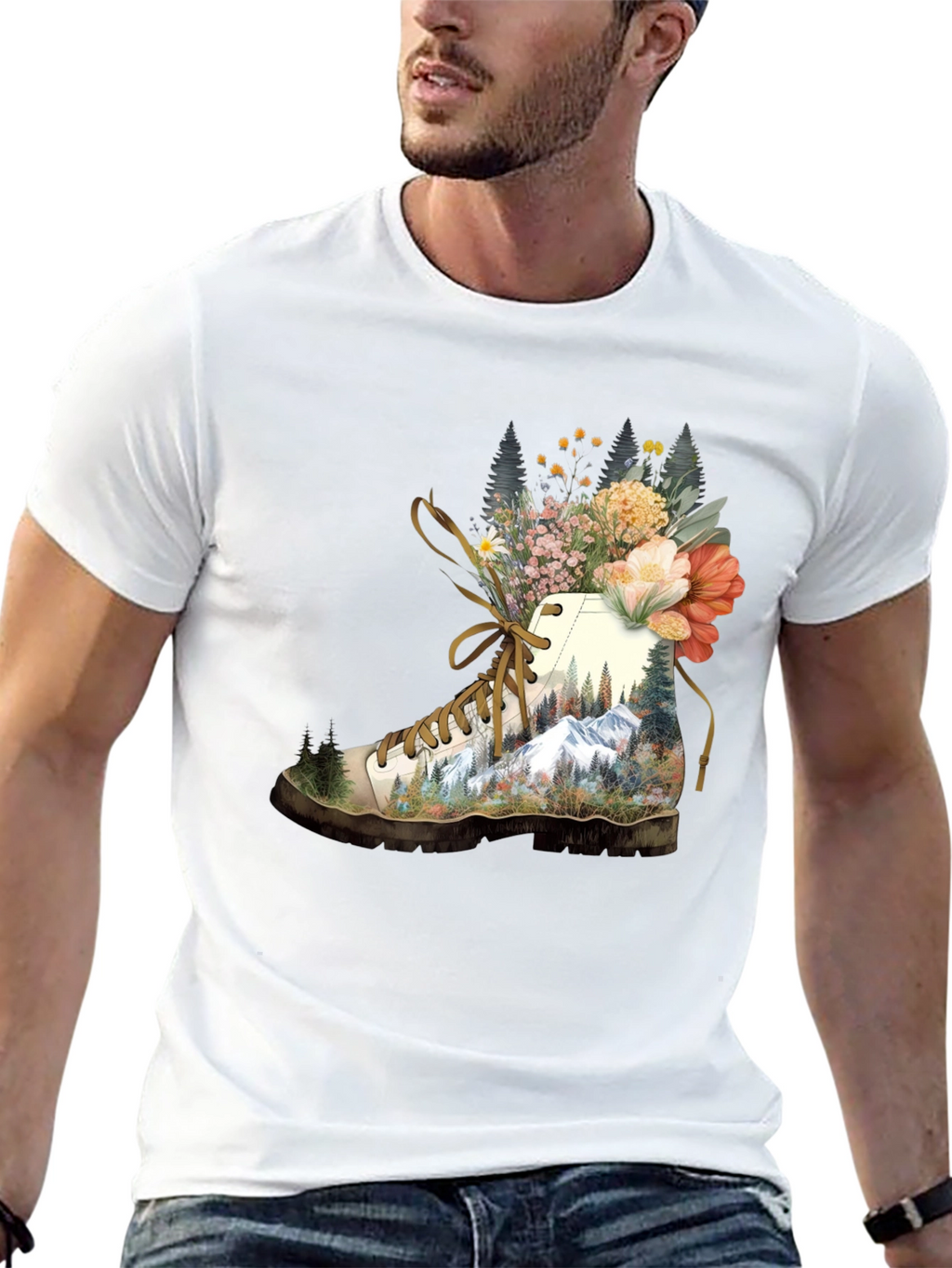 Hiking Boot with Floral Mountainscape T-Shirt