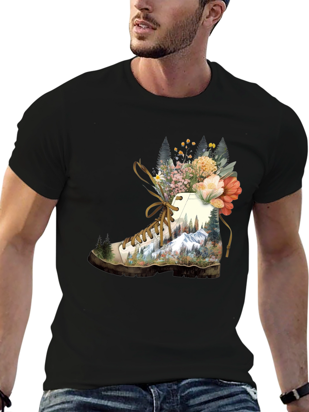 Hiking Boot with Floral Mountainscape T-Shirt