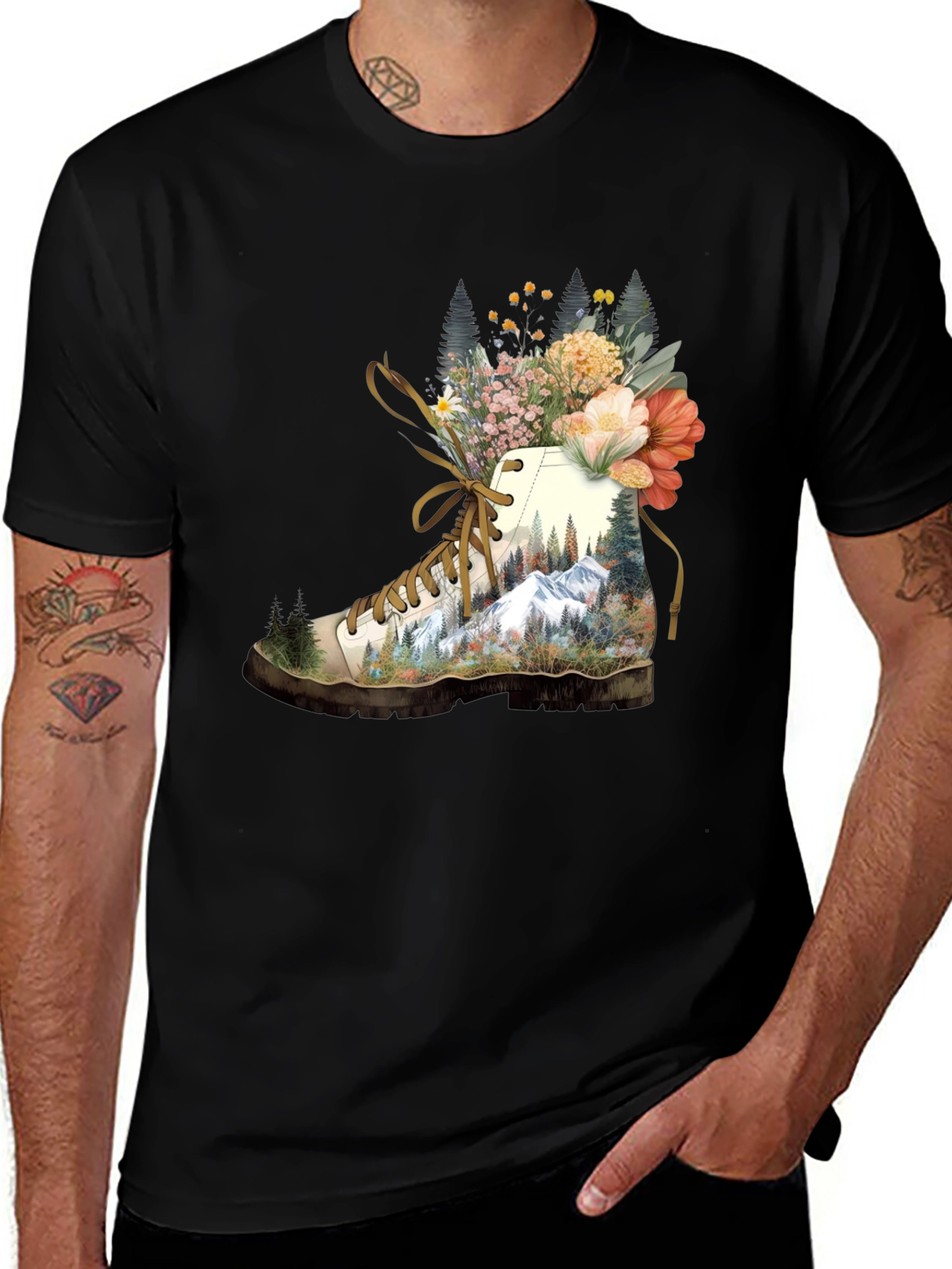 Hiking Boot with Floral Mountainscape T-Shirt