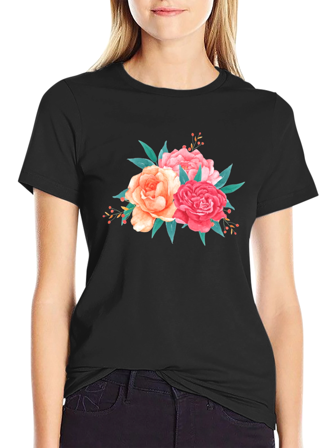 Floral Bouquet Graphic Tee - Soft Black T-Shirt
