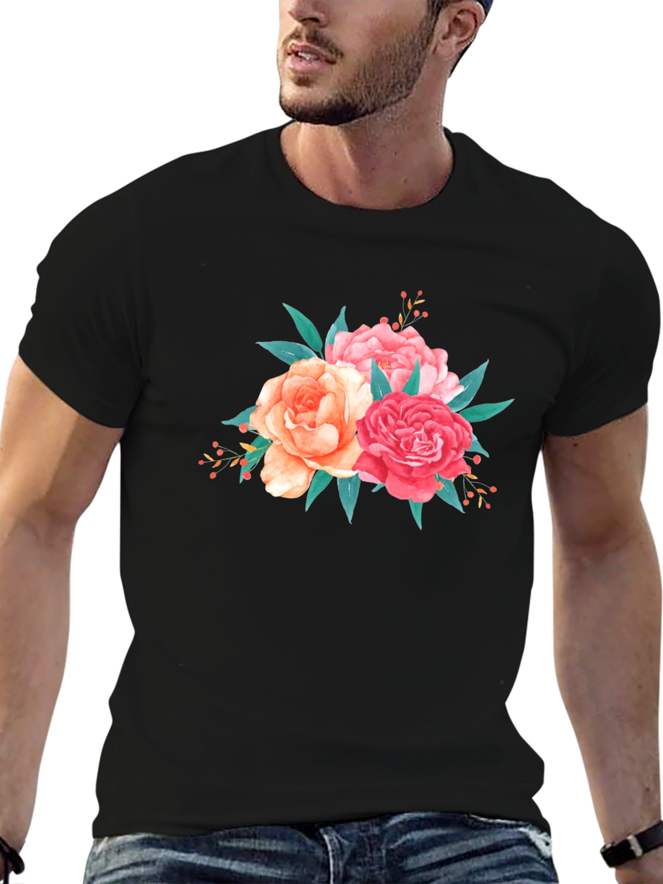 Floral Bouquet Graphic Tee - Soft Black T-Shirt