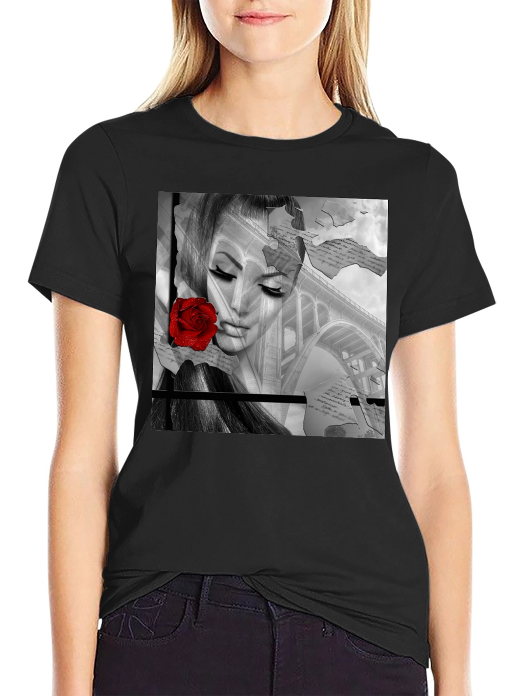 Woman & Rose Graphic Print Black Tee