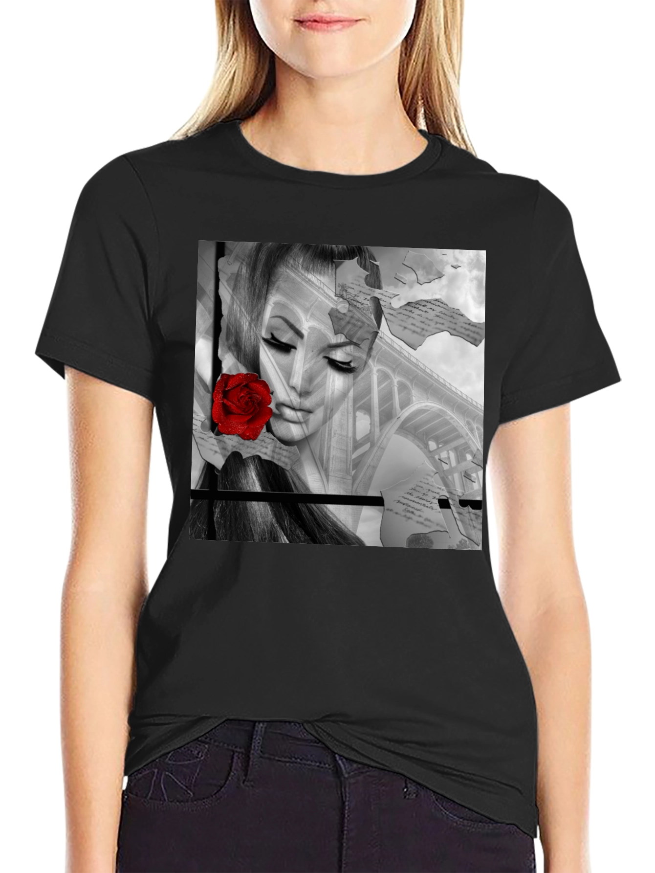 Woman & Rose Graphic Print Black Tee