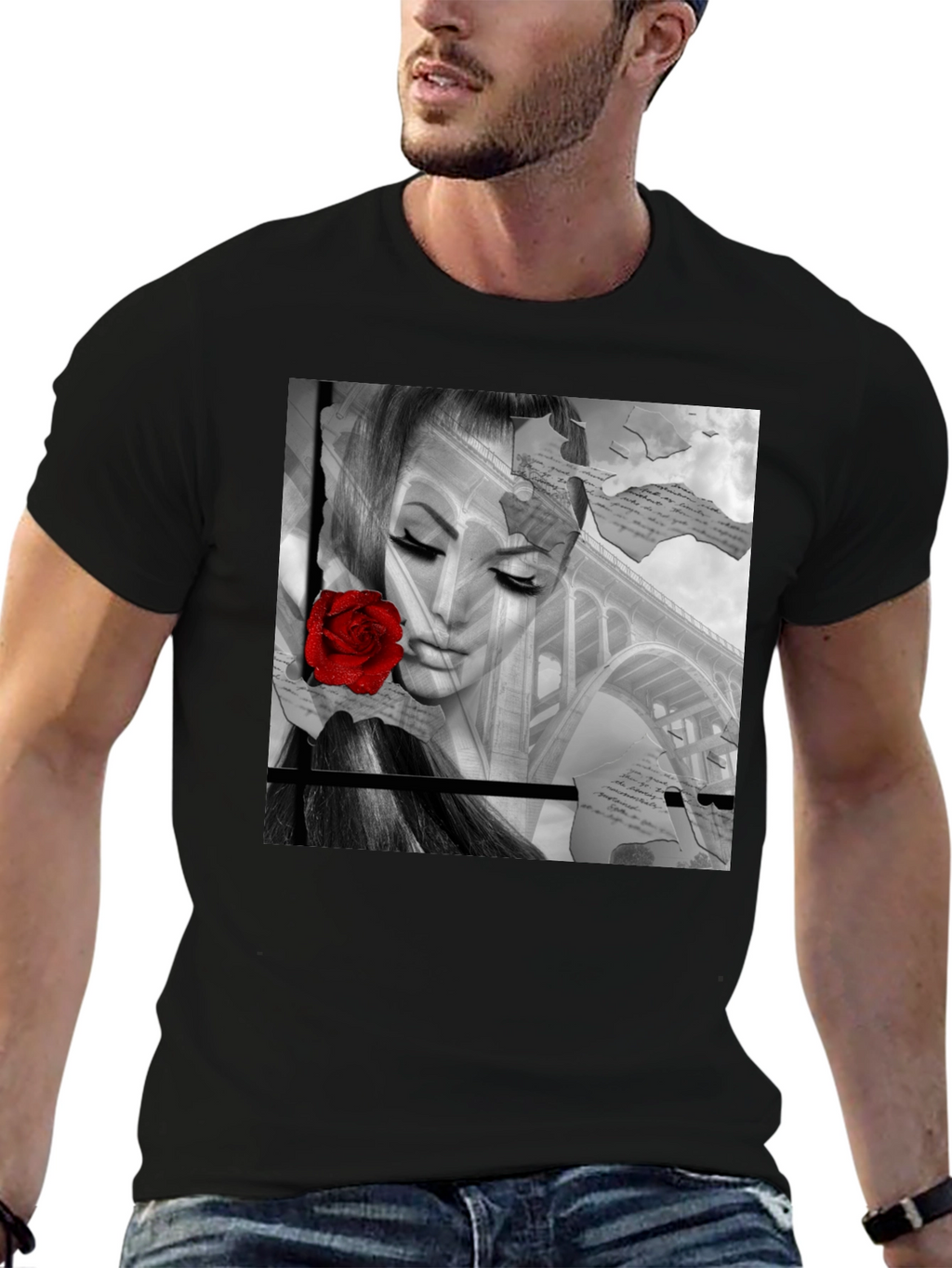 Woman & Rose Graphic Print Black Tee