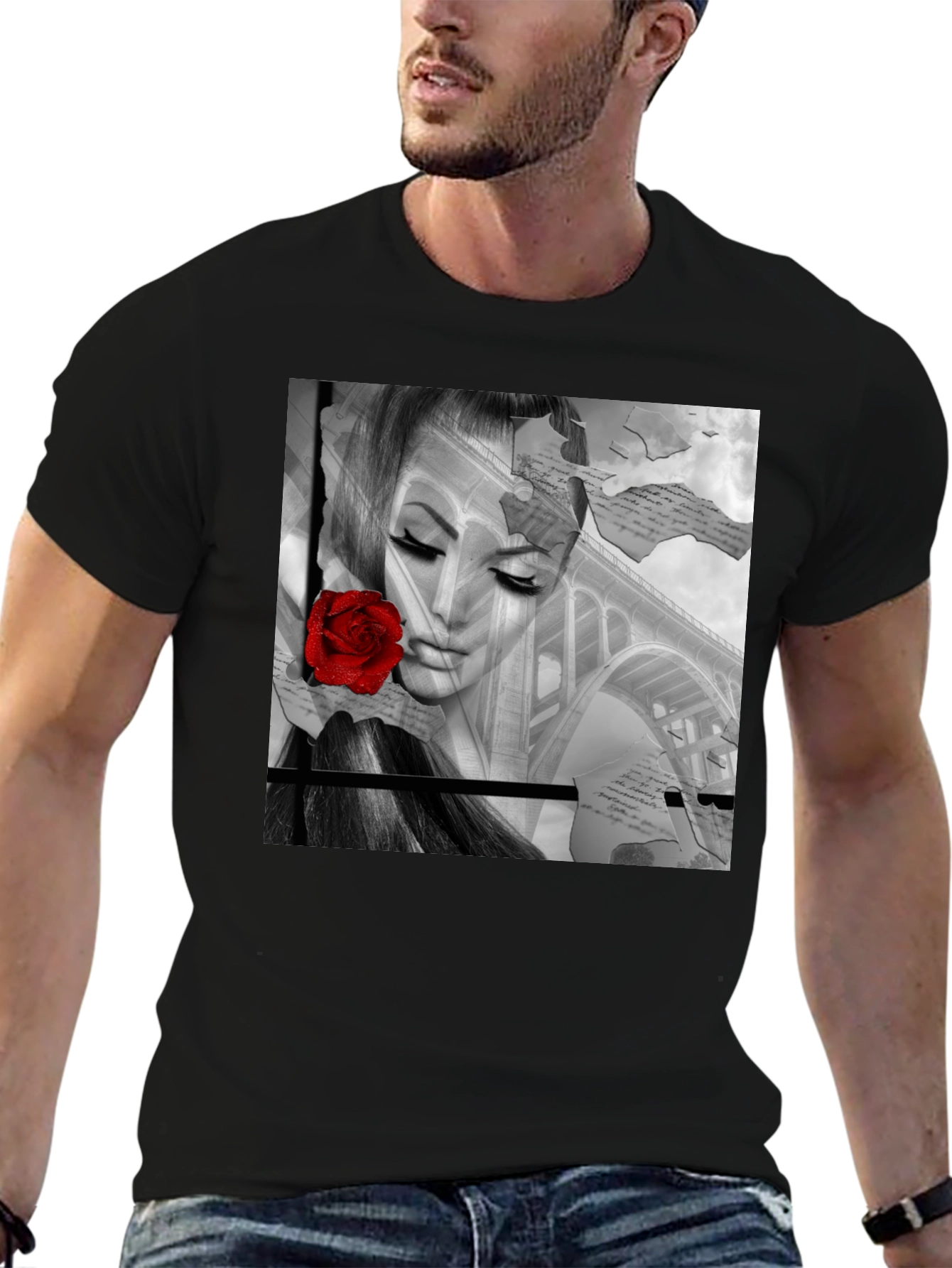 Woman & Rose Graphic Print Black Tee