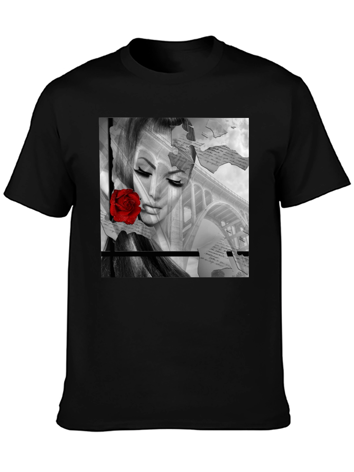 Woman & Rose Graphic Print Black Tee