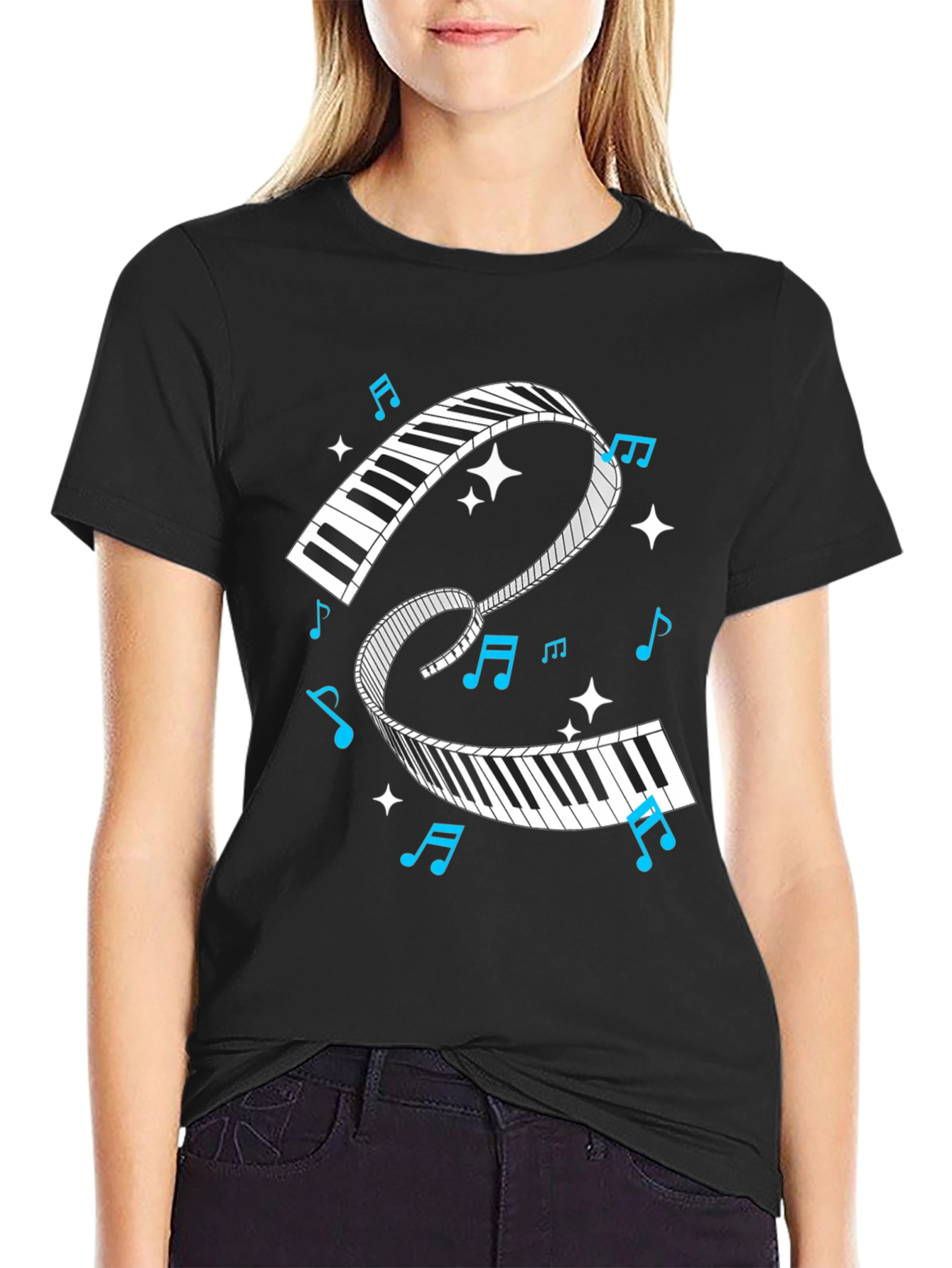 Piano Keys Music Notes Black Graphic T-Shirt