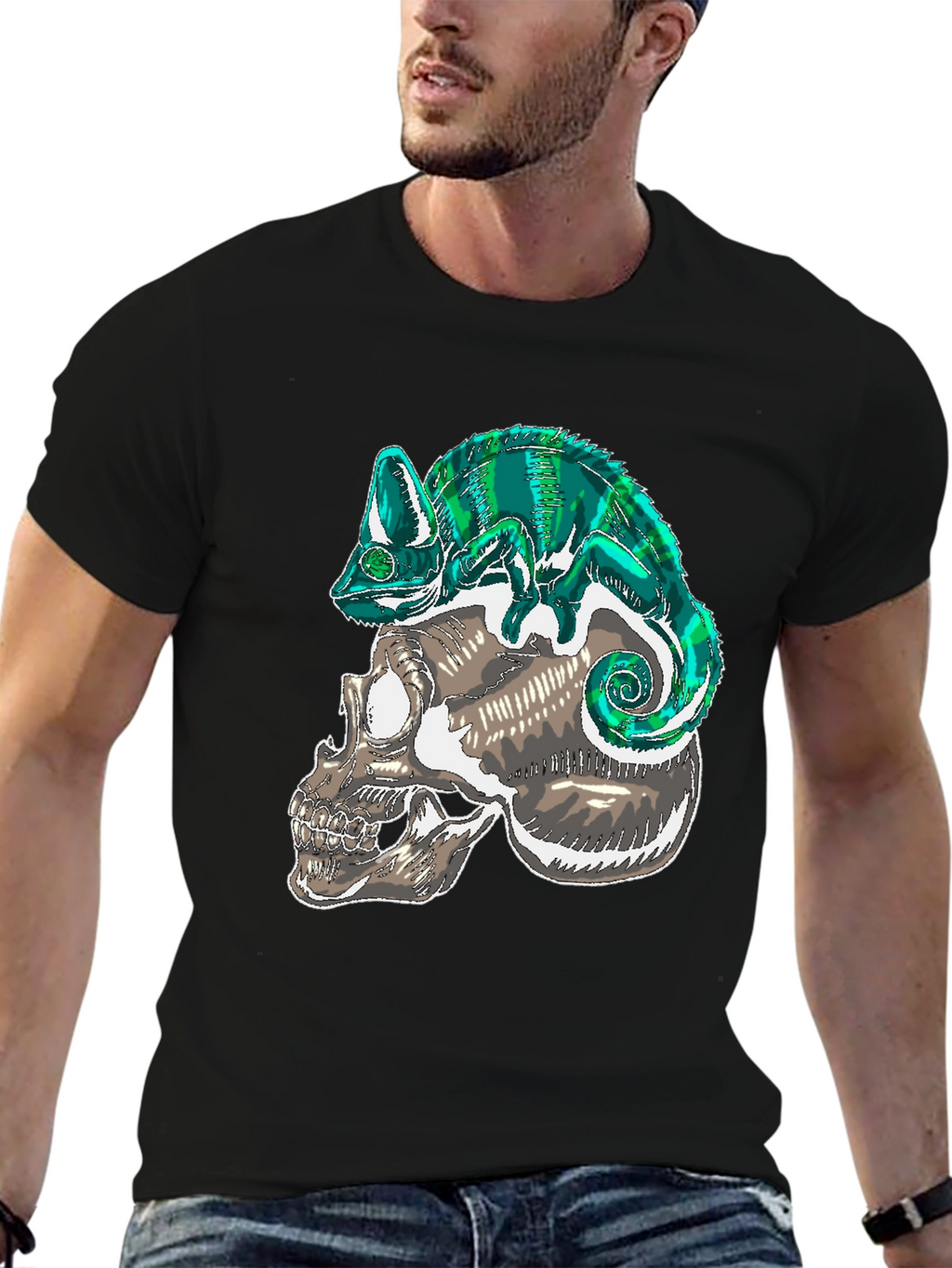 Skull & Chameleon Graphic Print Tee