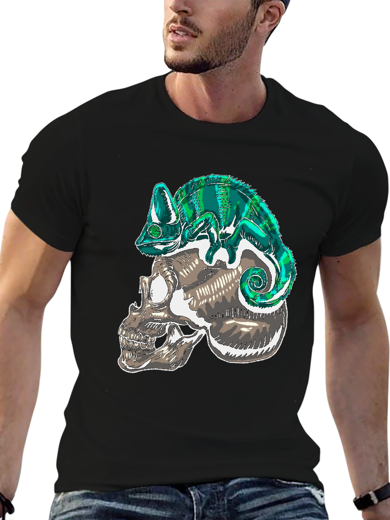 Skull & Chameleon Graphic Print Tee