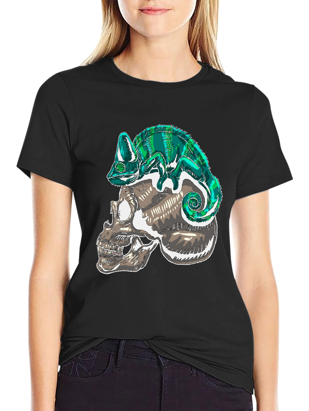 Skull & Chameleon Graphic Print Tee