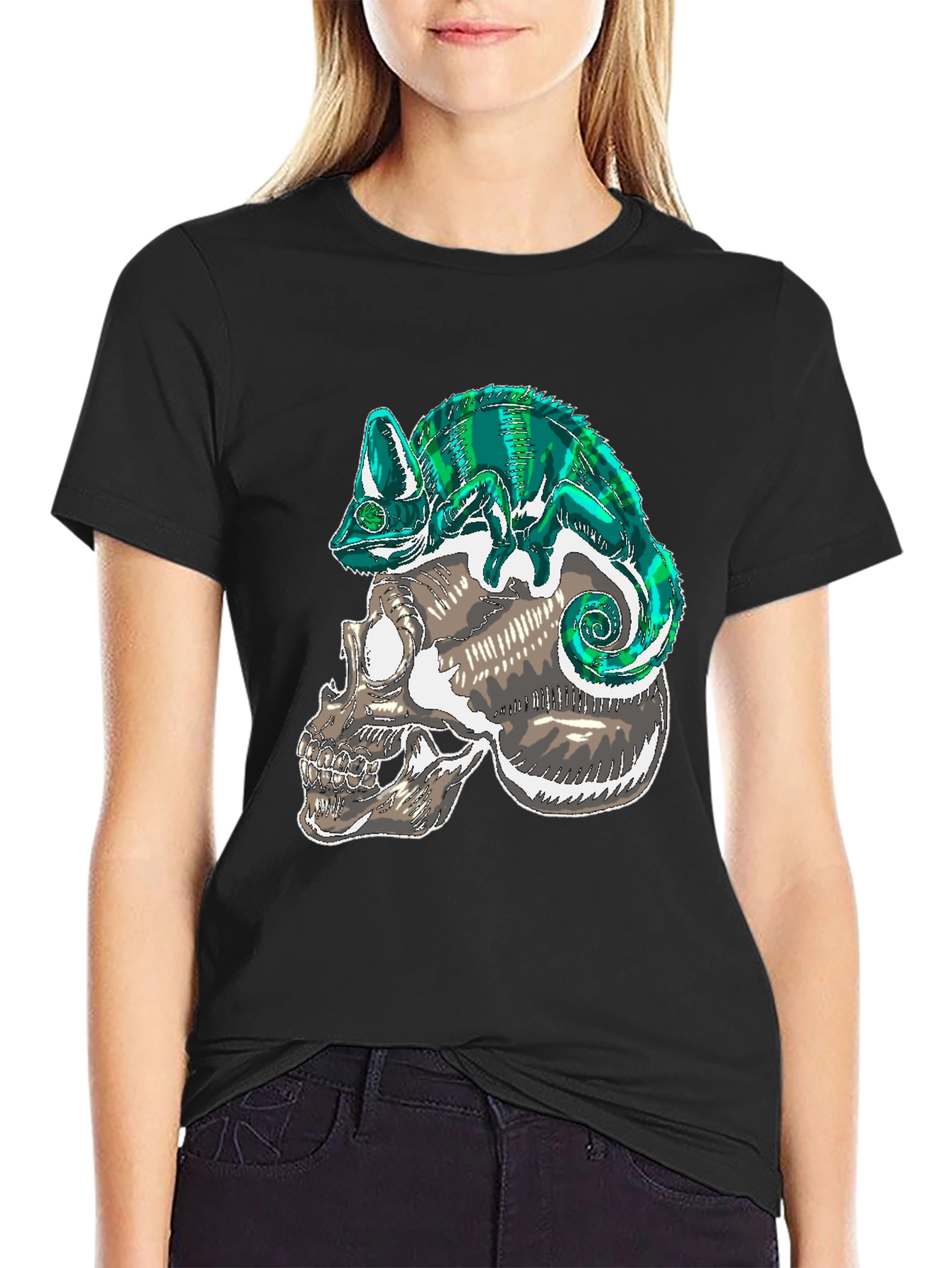 Skull & Chameleon Graphic Print Tee