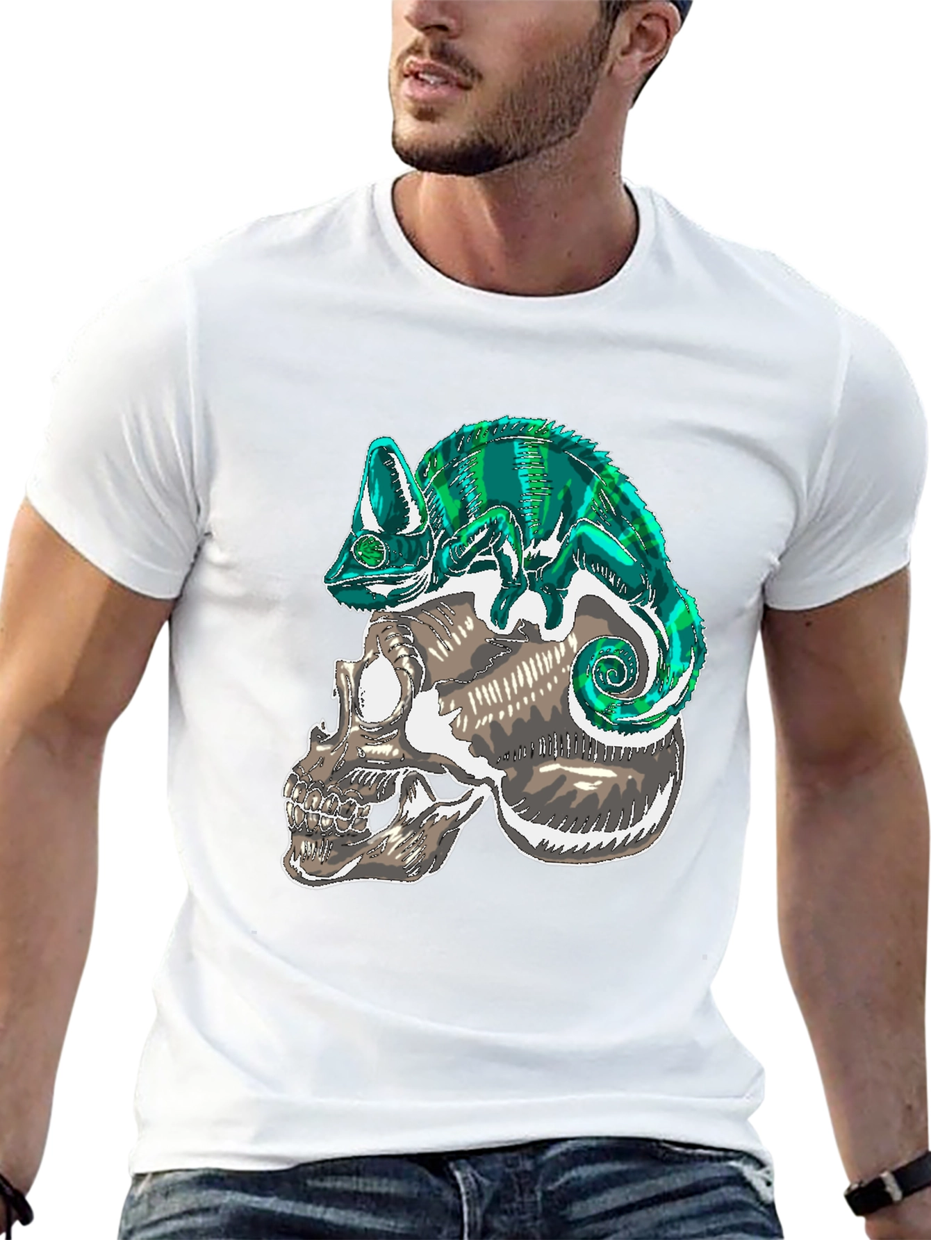 Skull & Chameleon Graphic Print Tee