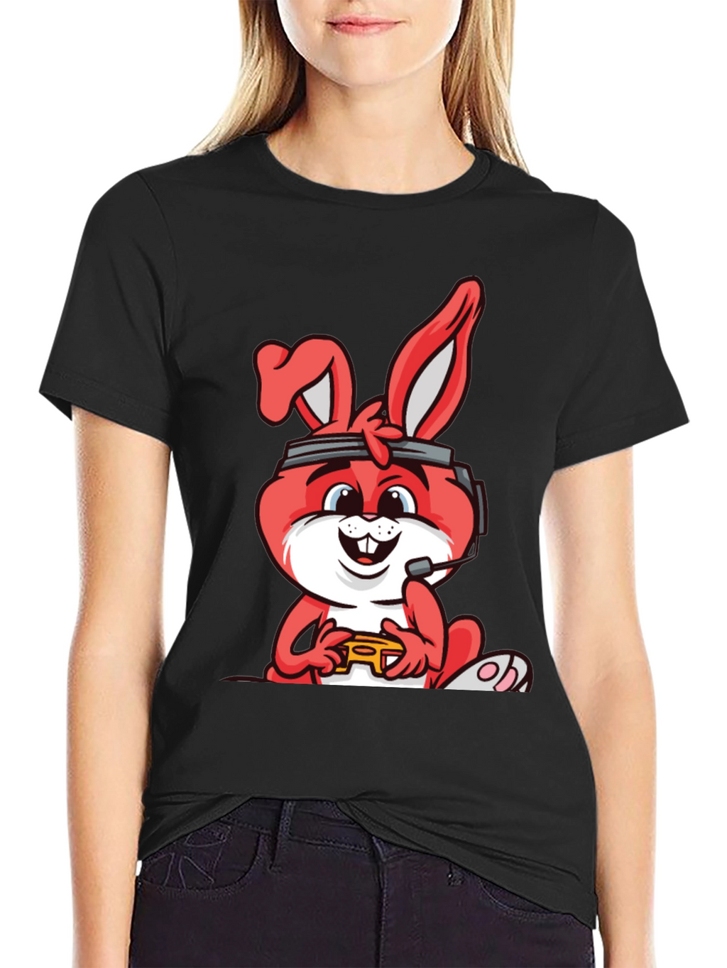 Gamer Bunny Graphic Tee - Black Cotton T-Shirt