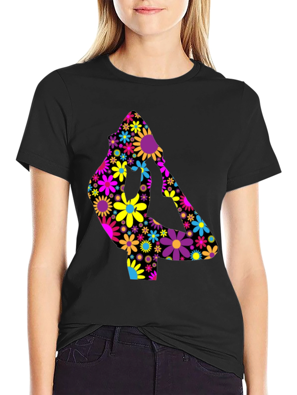 Floral Yoga Pose T-Shirt - Black Cotton Tee