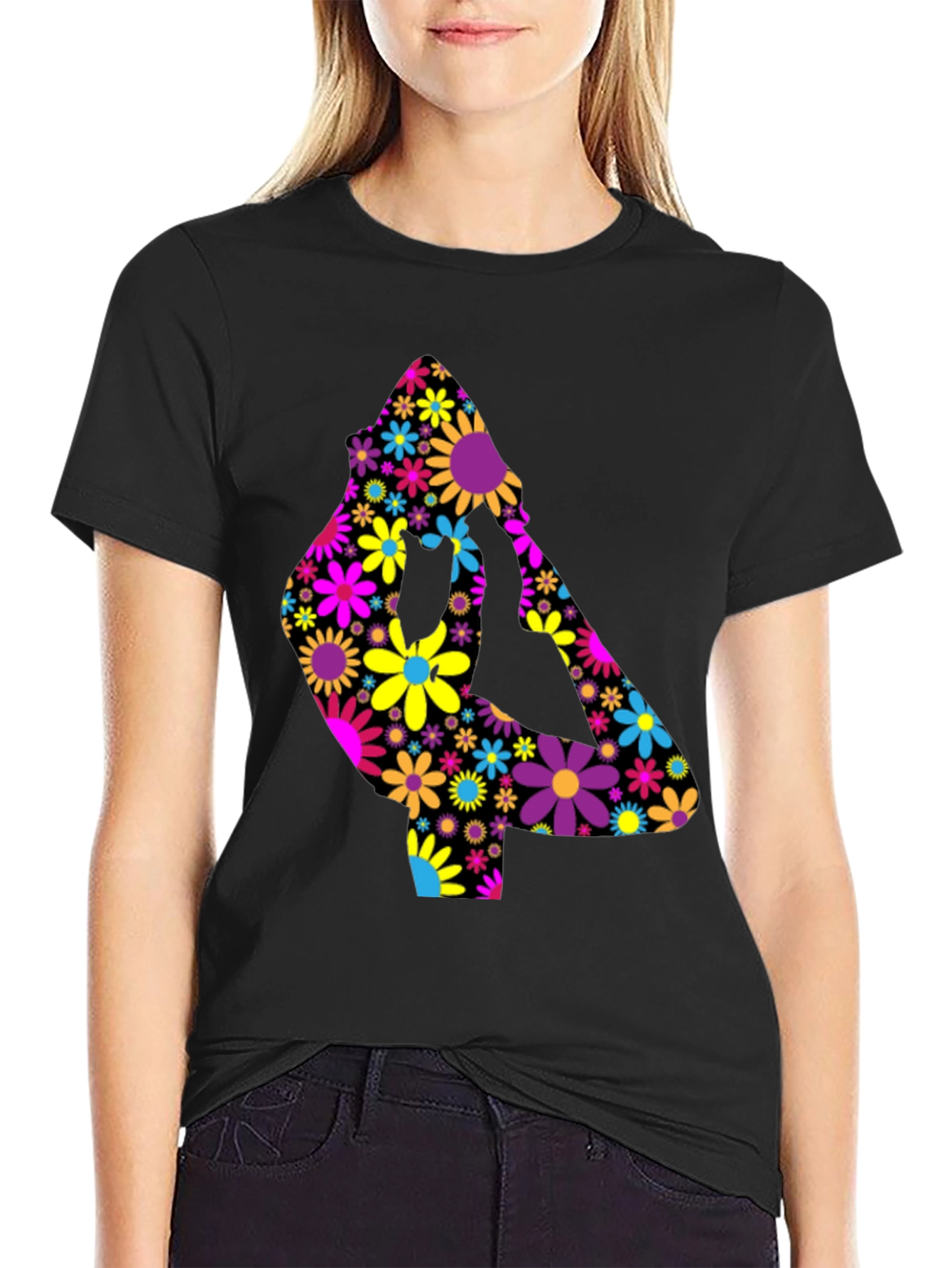 Floral Yoga Pose T-Shirt - Black Cotton Tee