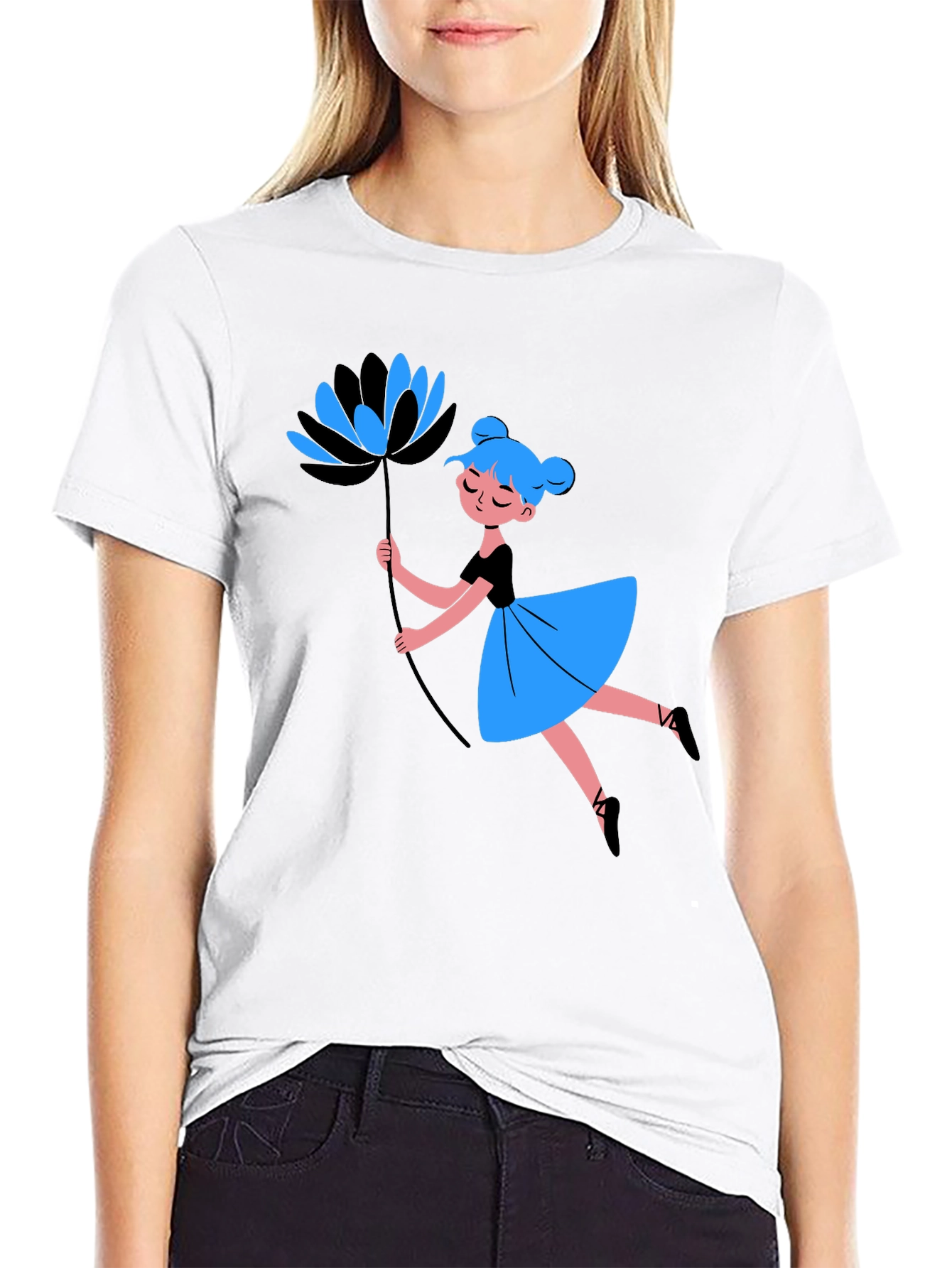 Whimsical Graphic Tee - Dancing Girl with Flower