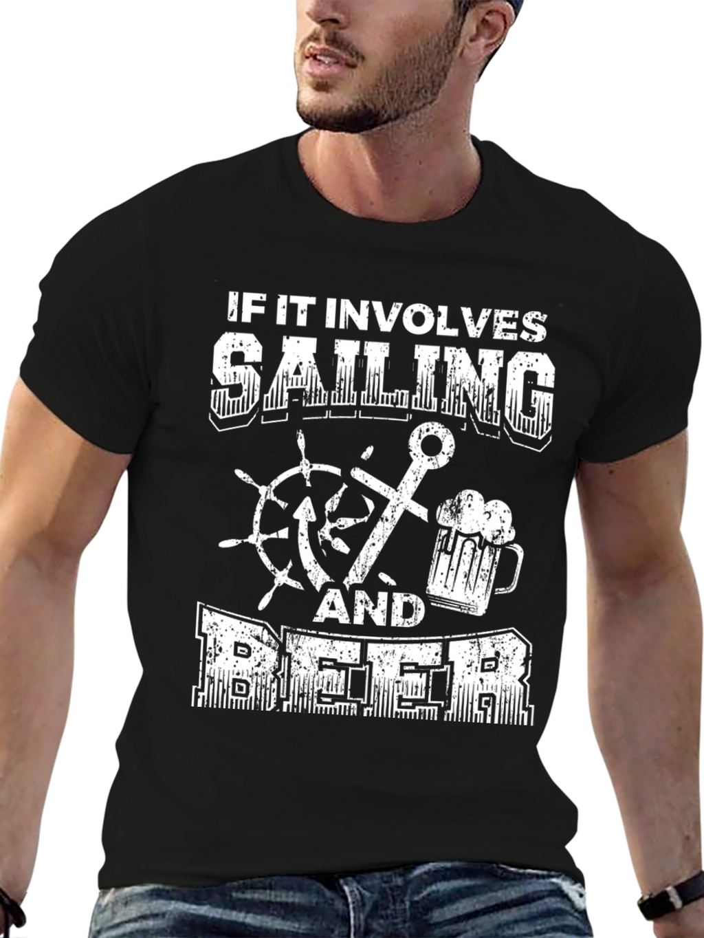 Sailing & Beer Graphic Tee - Black Cotton T-Shirt
