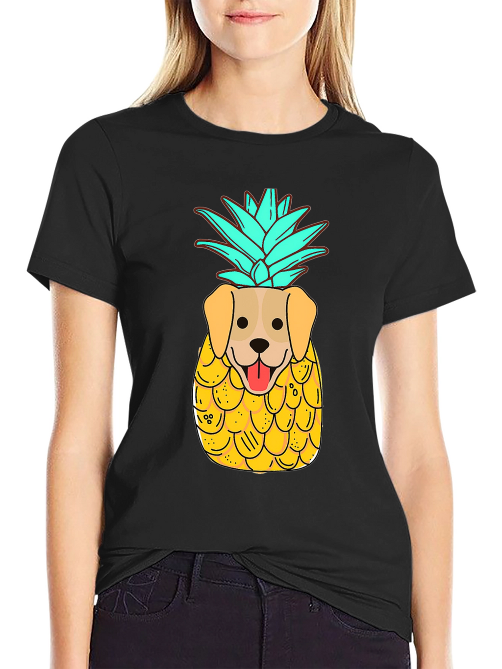 Dog-Pineapple Graphic Black T-Shirt