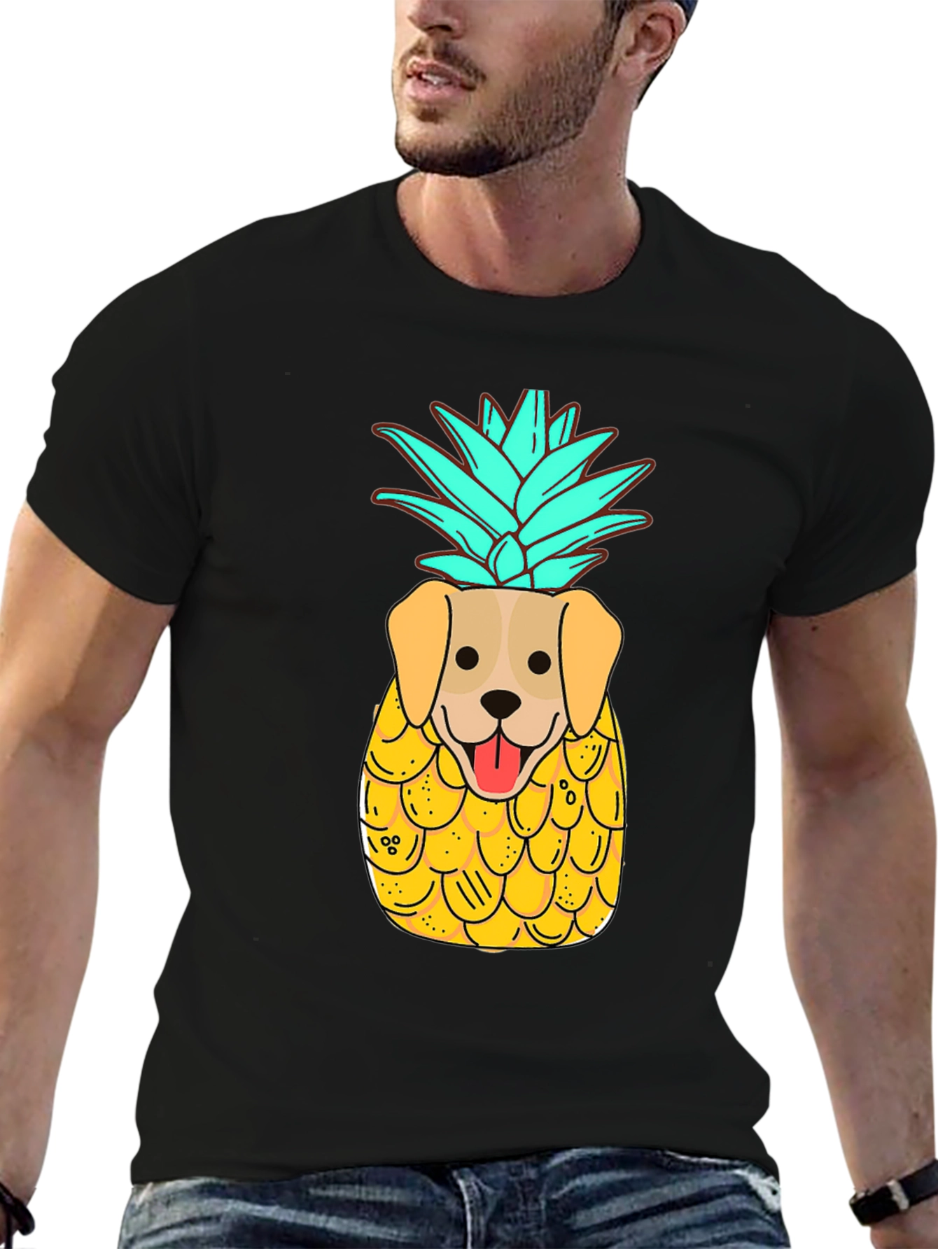 Dog-Pineapple Graphic Black T-Shirt