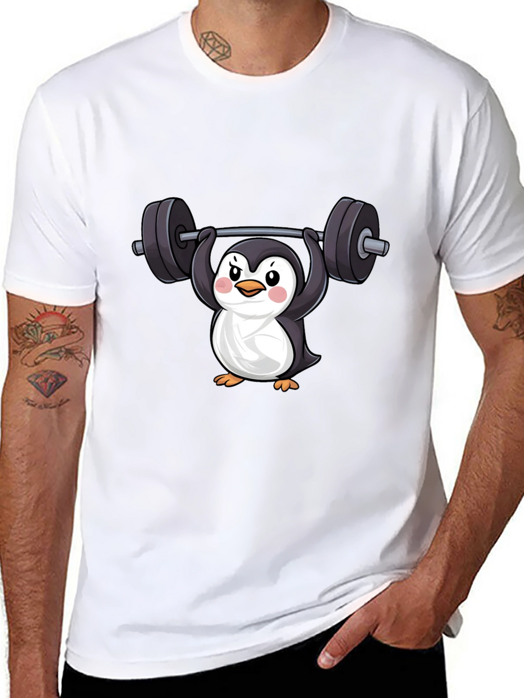 Penguin Lifting Weights Graphic Tee
