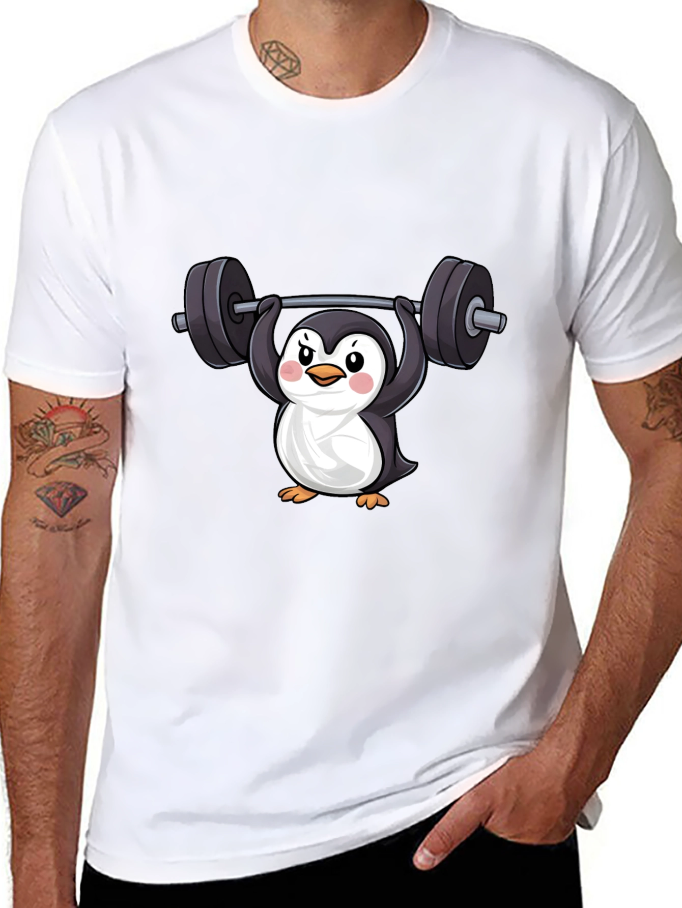 Penguin Lifting Weights Graphic Tee
