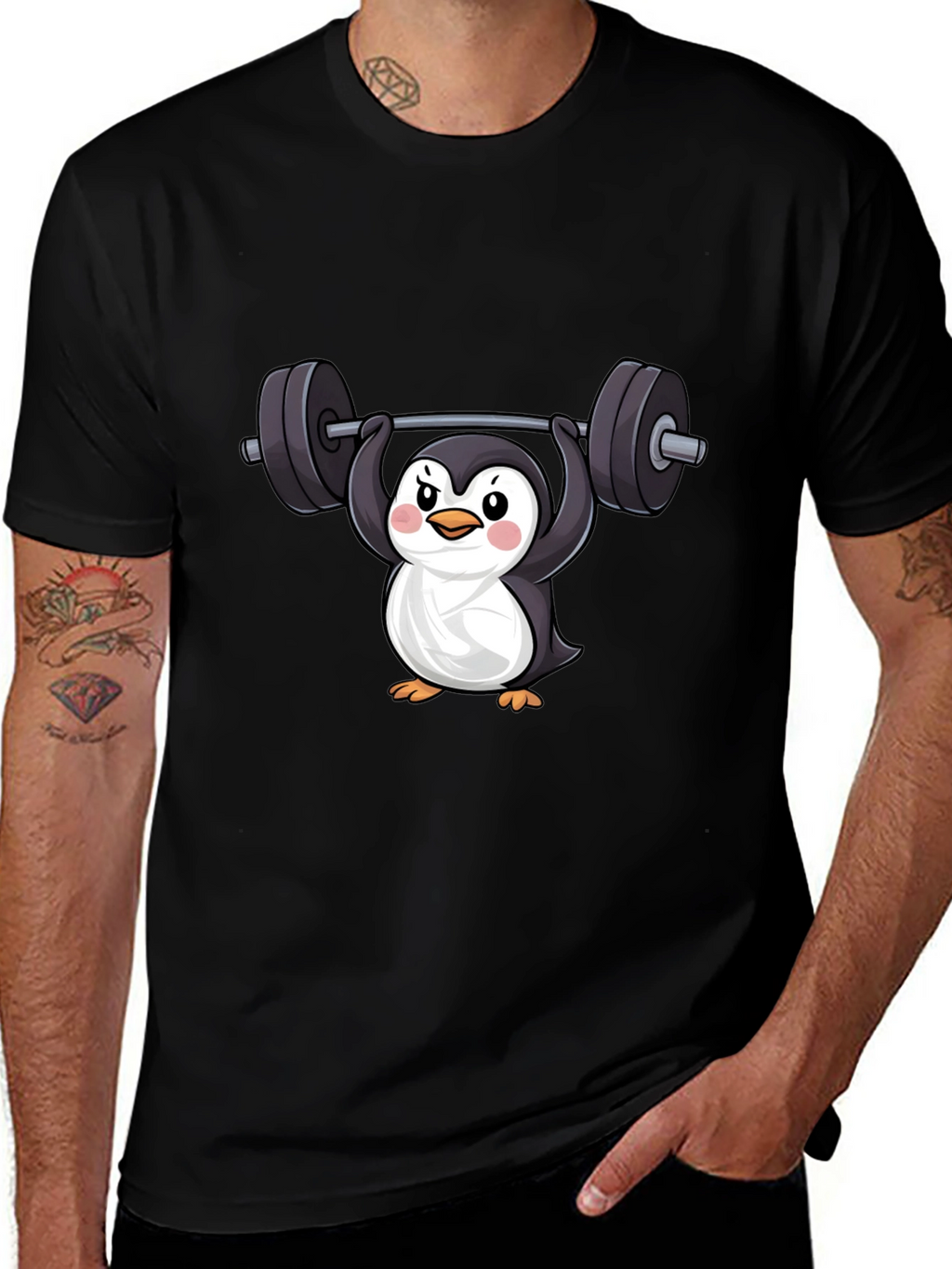 Penguin Lifting Weights Graphic Tee