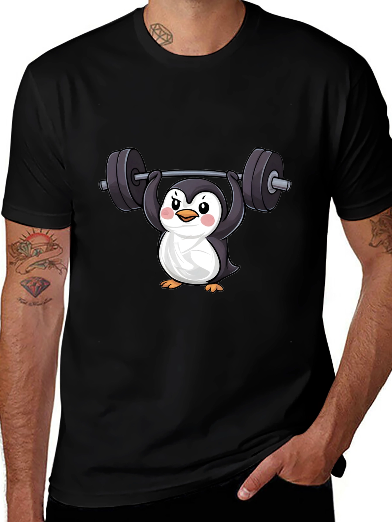 Penguin Lifting Weights Graphic Tee