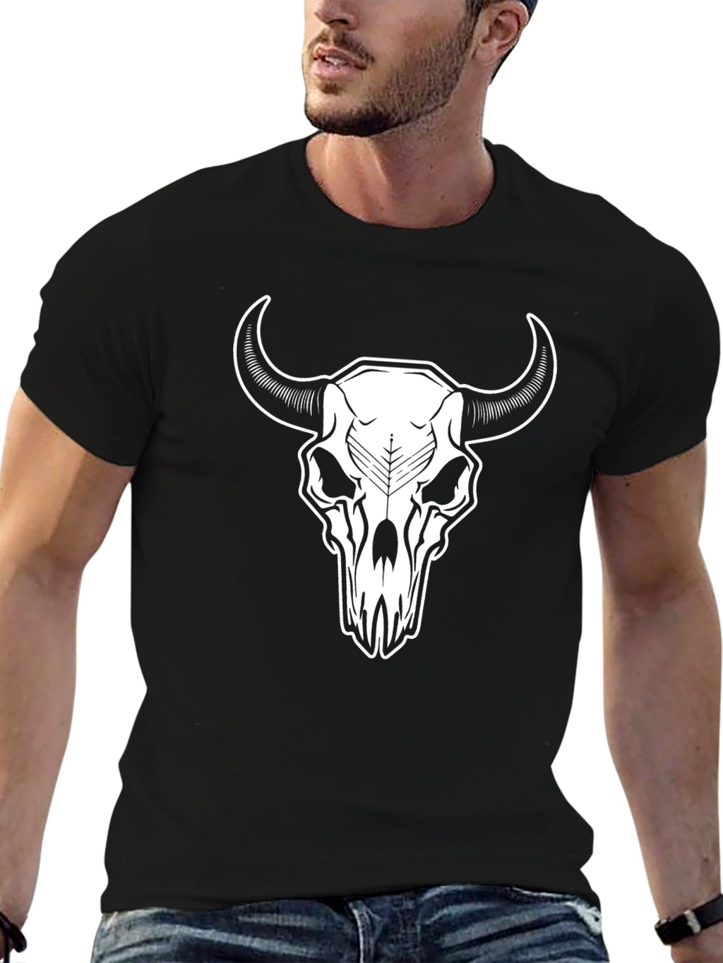 Black T-Shirt with White Steer Skull Graphic