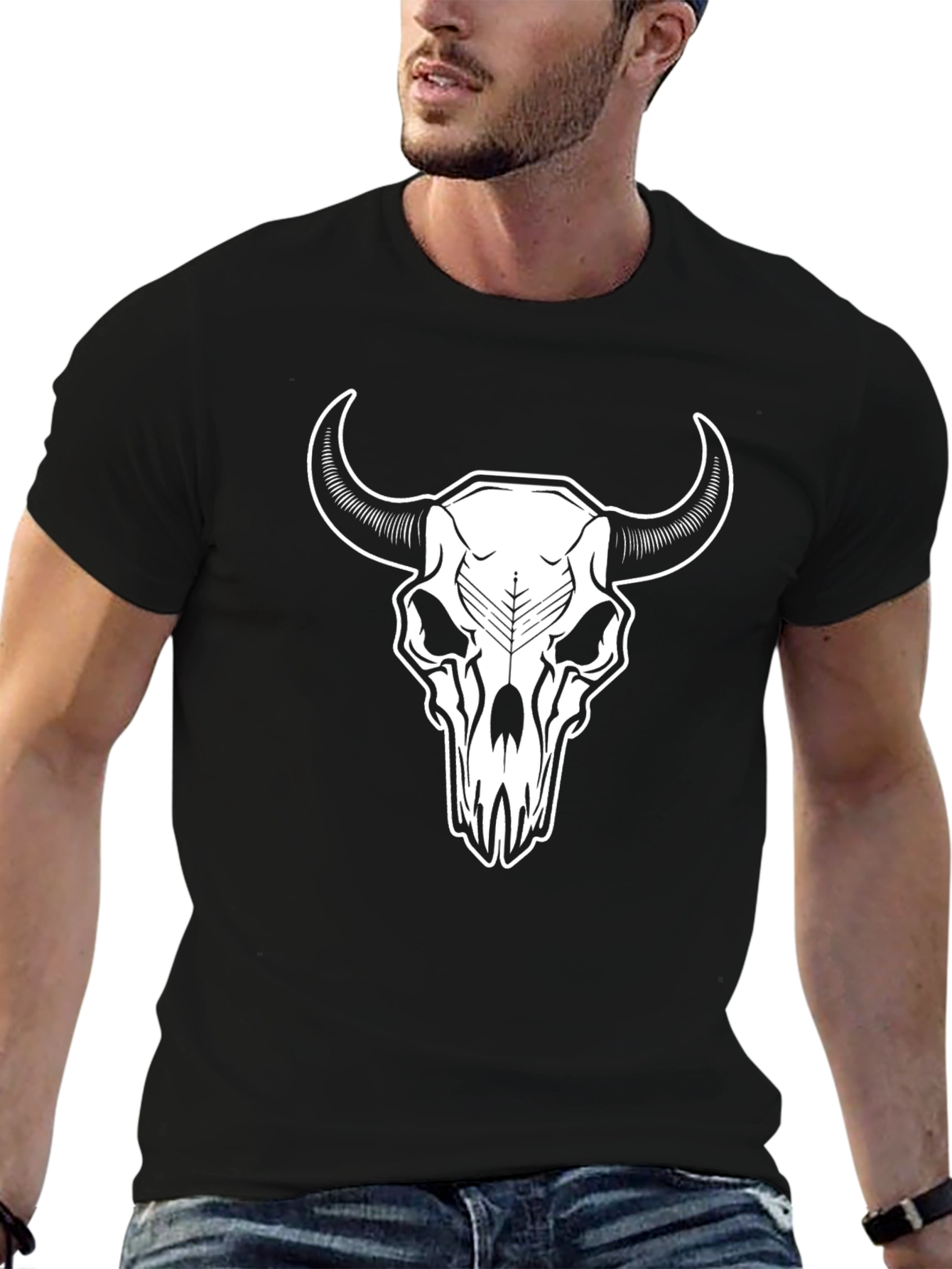 Black T-Shirt with White Steer Skull Graphic