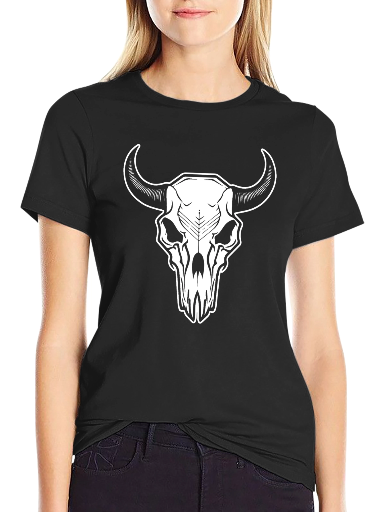 Black T-Shirt with White Steer Skull Graphic