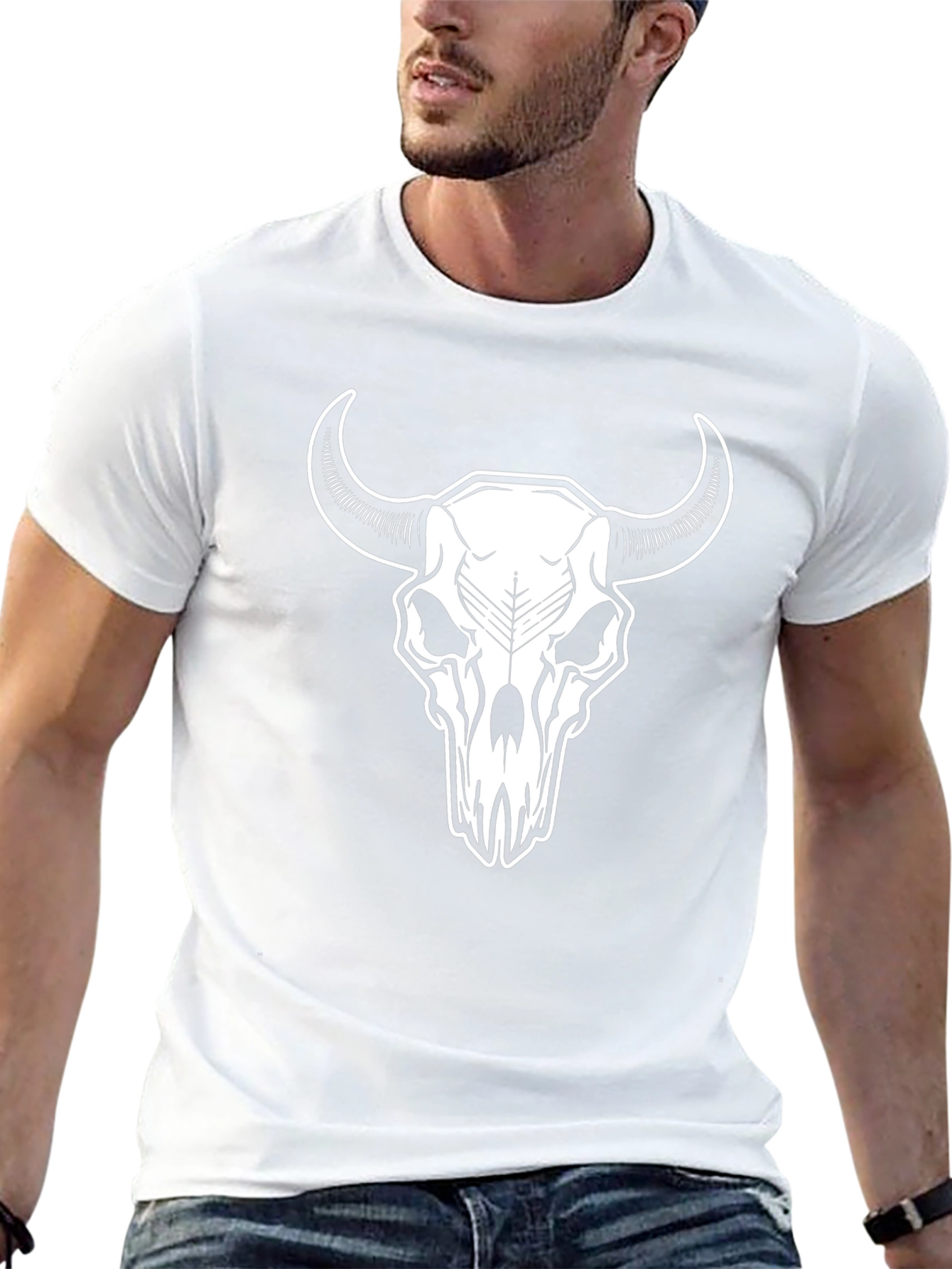 Black T-Shirt with White Steer Skull Graphic