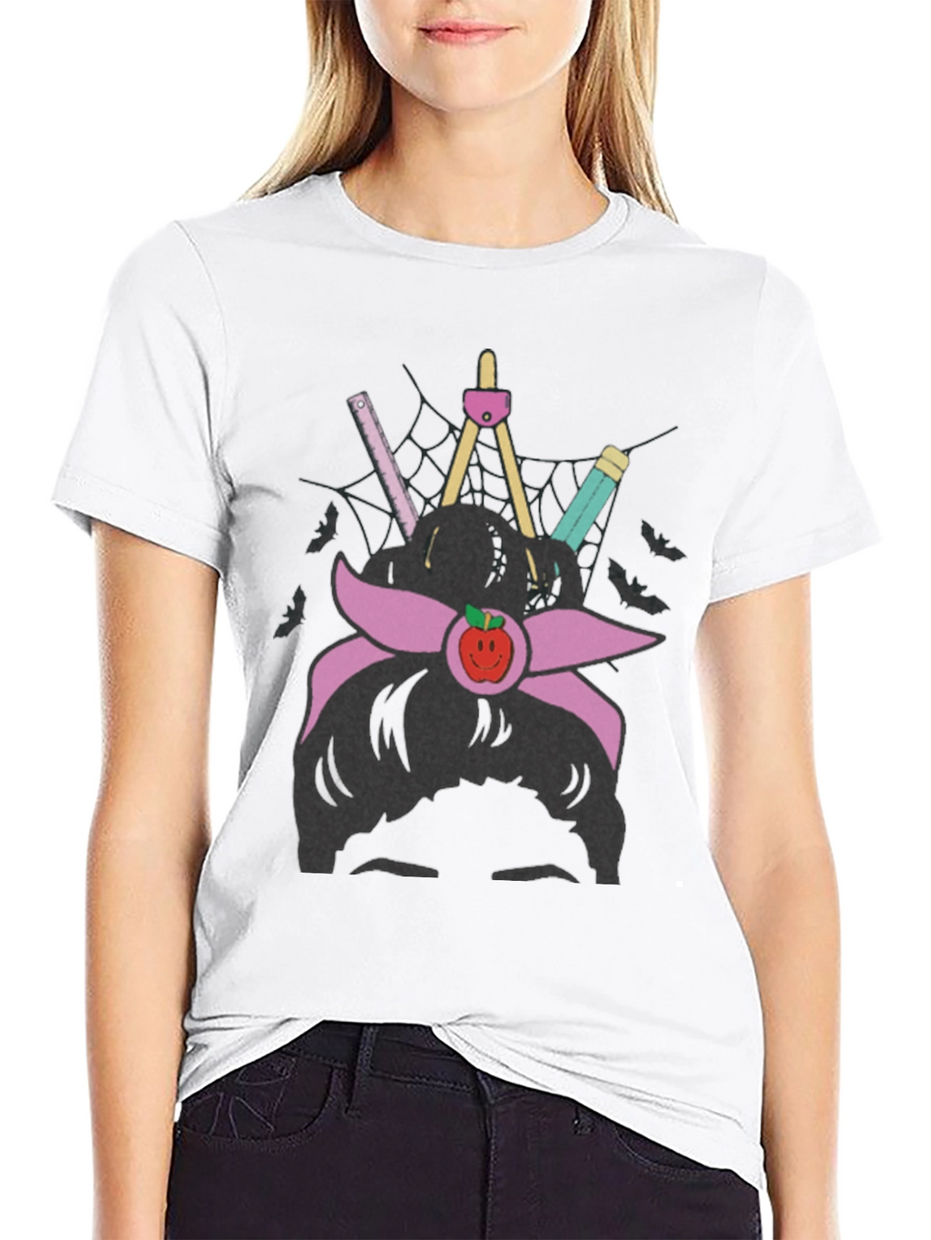 Teacher Messy Bun Apple T-Shirt