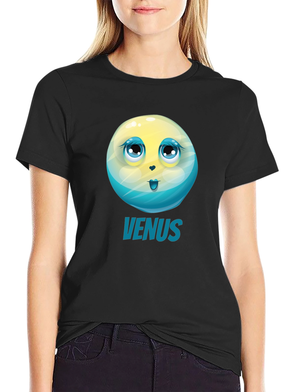 Venus Planet Cartoon Graphic Tee - Black Unisex T-Shirt