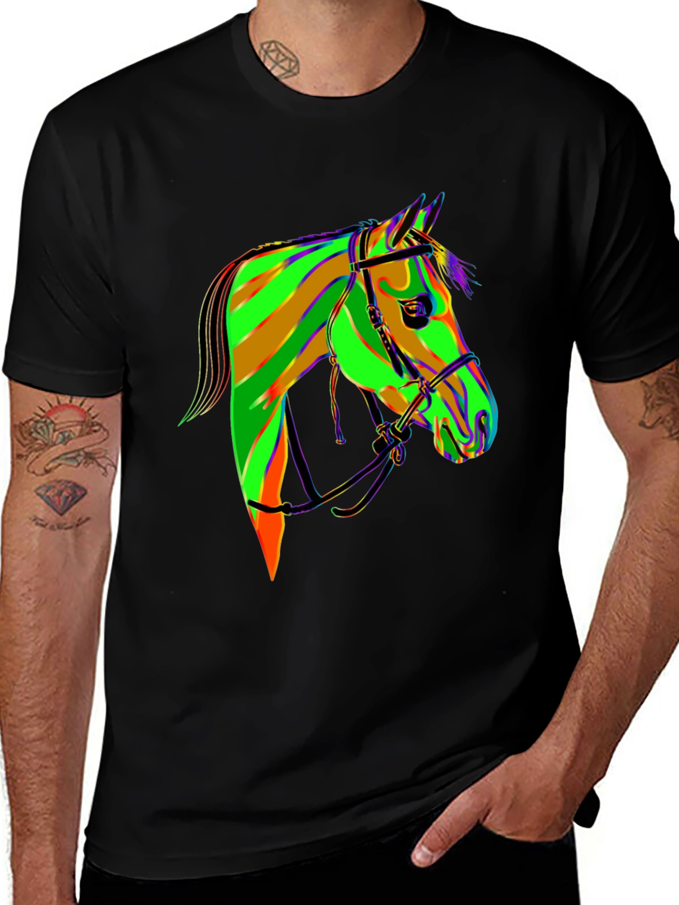 Abstract Horse Graphic Tee - Black Cotton T-Shirt