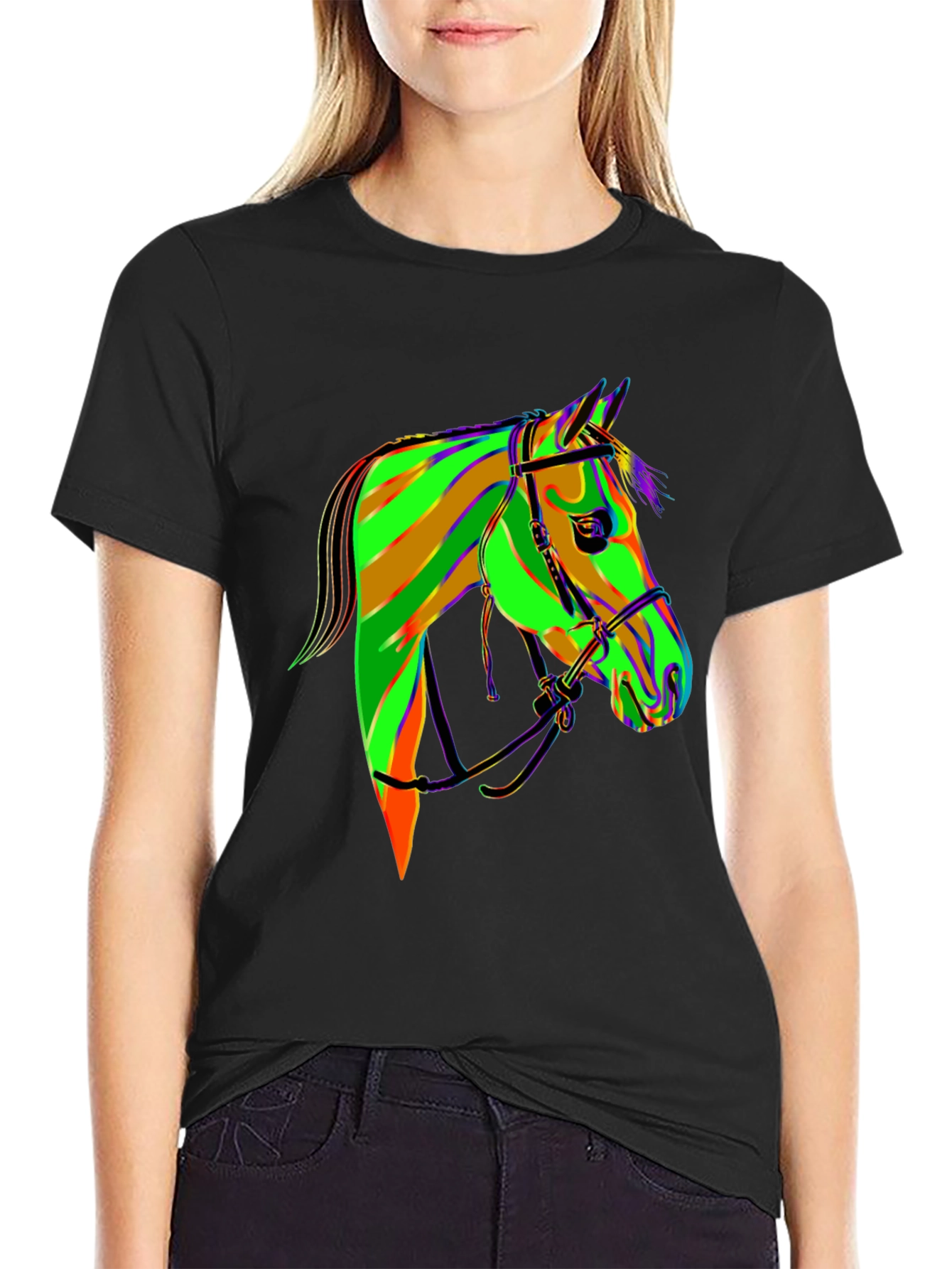 Abstract Horse Graphic Tee - Black Cotton T-Shirt