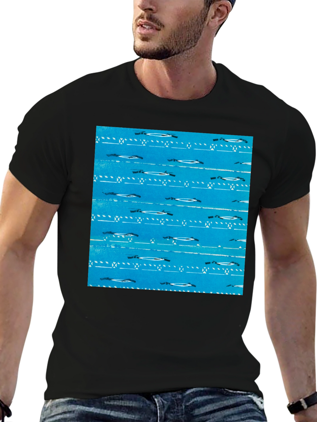 Retro Blue Patterned Black T-Shirt