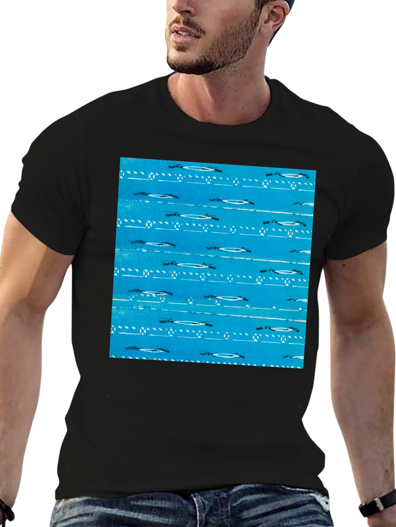 Retro Blue Patterned Black T-Shirt