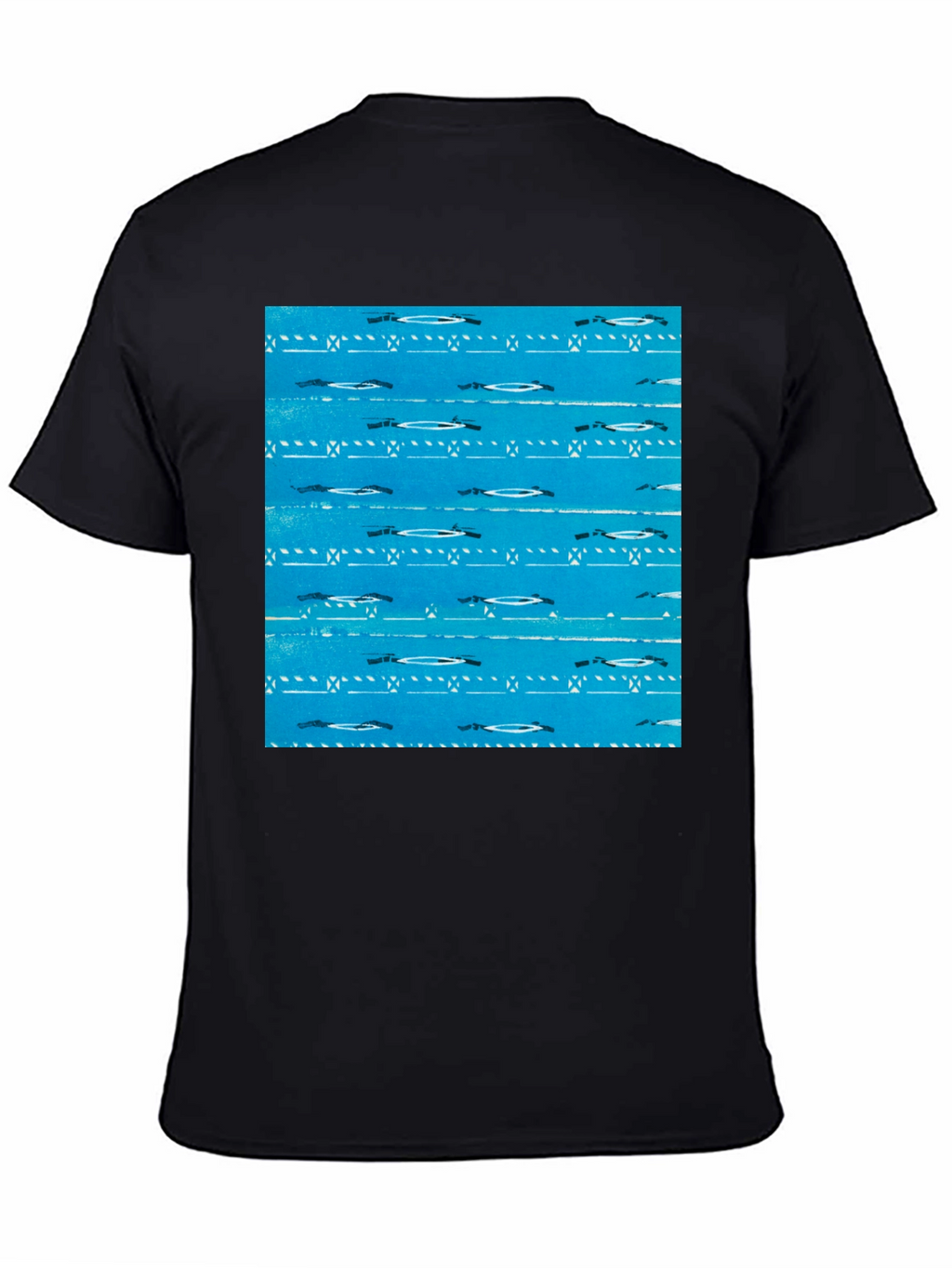 Retro Blue Patterned Black T-Shirt