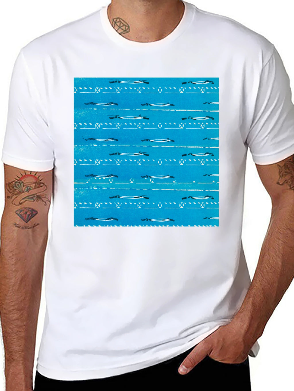 Retro Blue Patterned Black T-Shirt