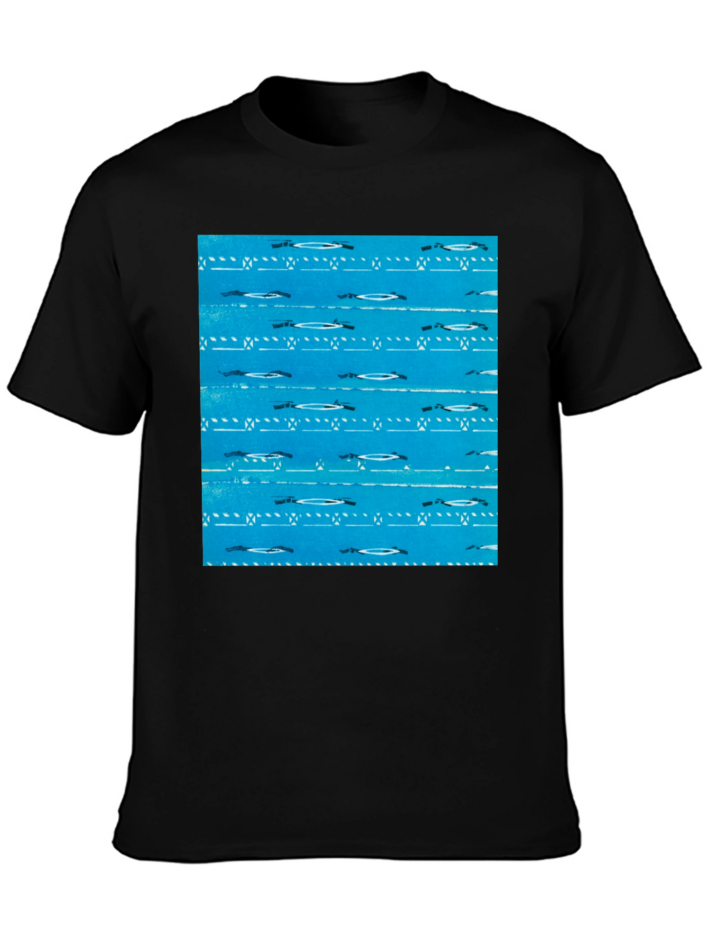 Retro Blue Patterned Black T-Shirt