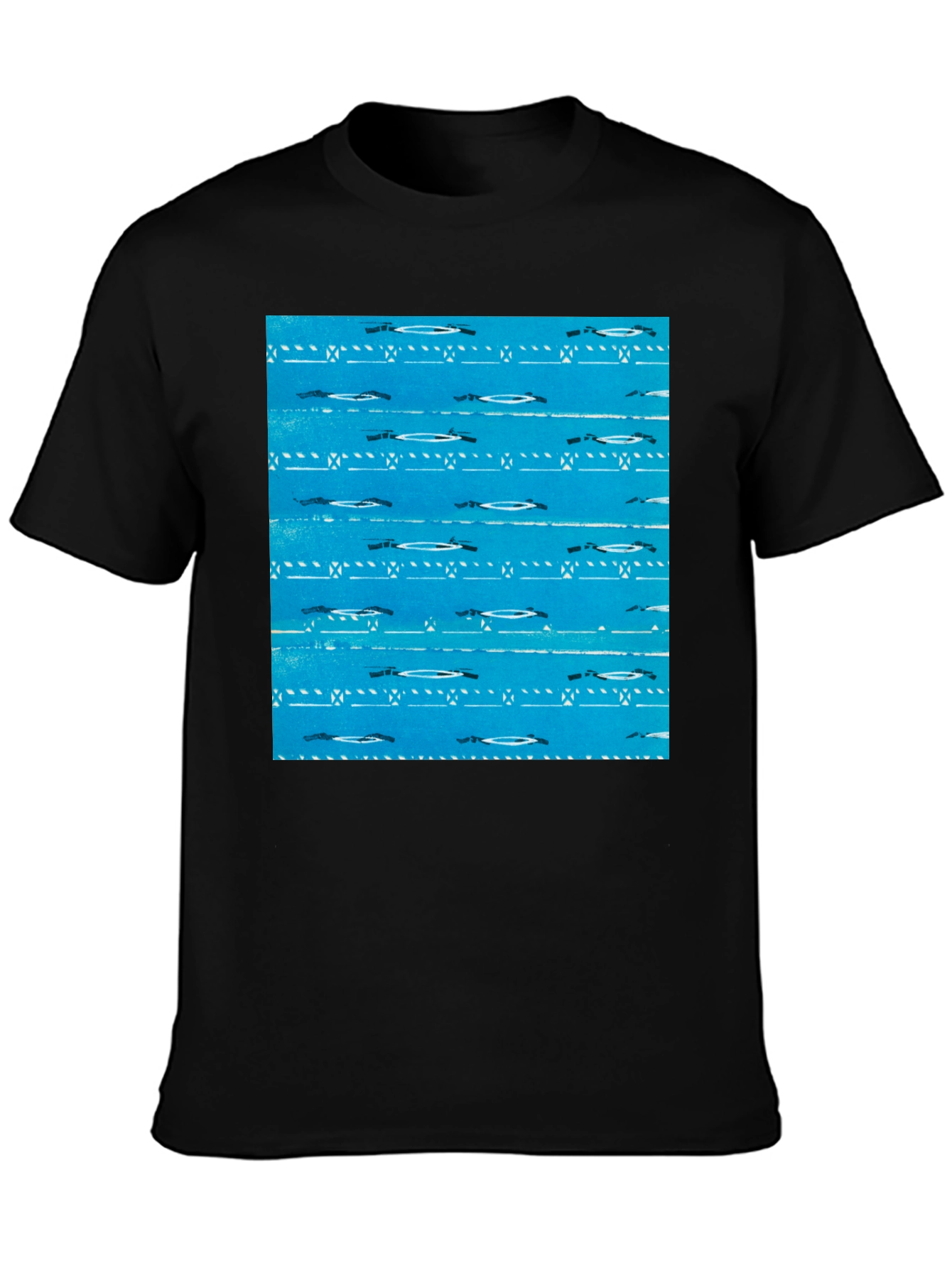 Retro Blue Patterned Black T-Shirt