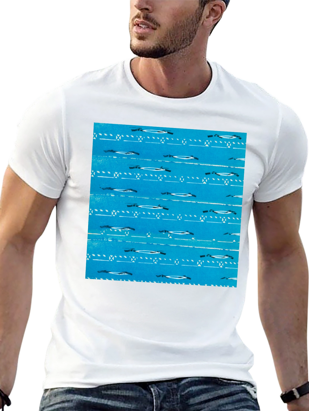 Retro Blue Patterned Black T-Shirt